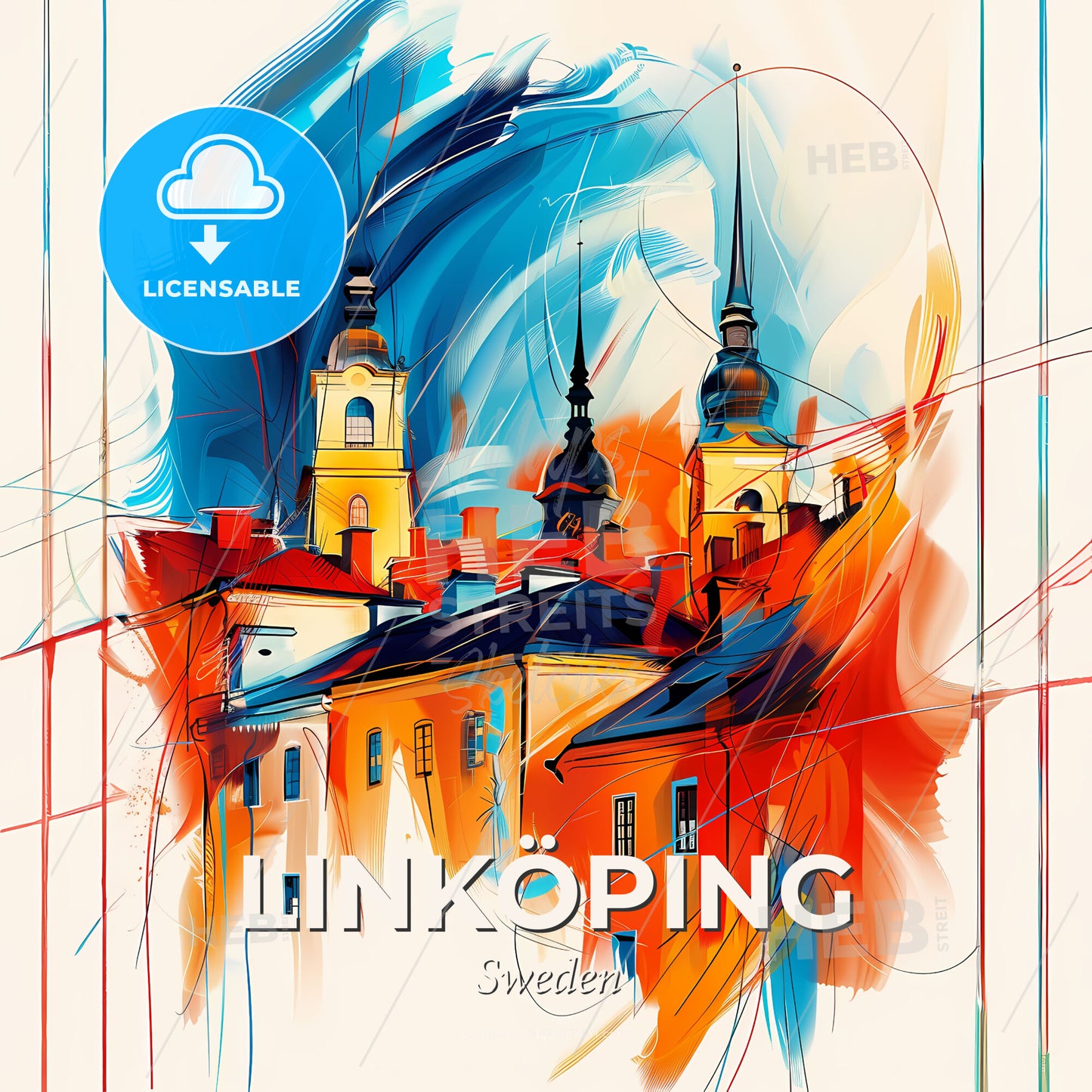 Vibrant Linköping, Sweden - A Painting Of A Building With Towers - Square format print template