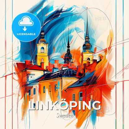 Vibrant Linköping, Sweden - A Painting Of A Building With Towers - Square format print template