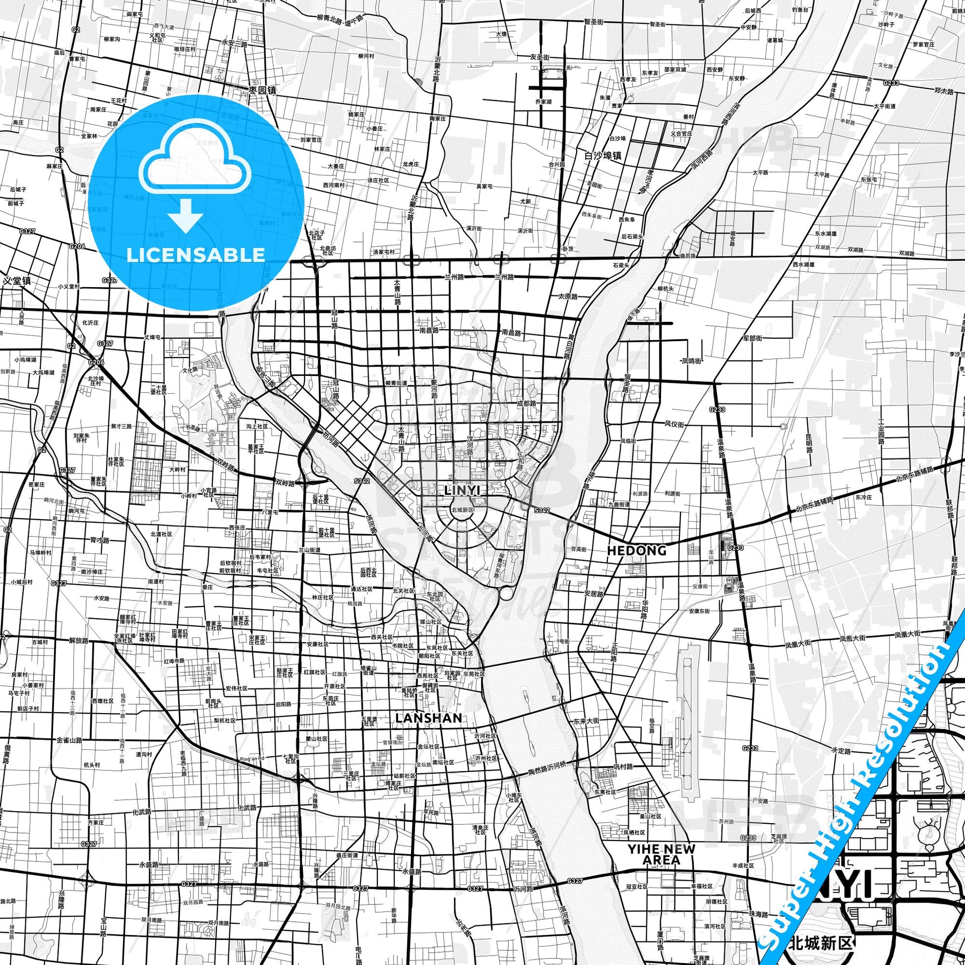 Linyi, China light map with streetnames, citynames and districts
