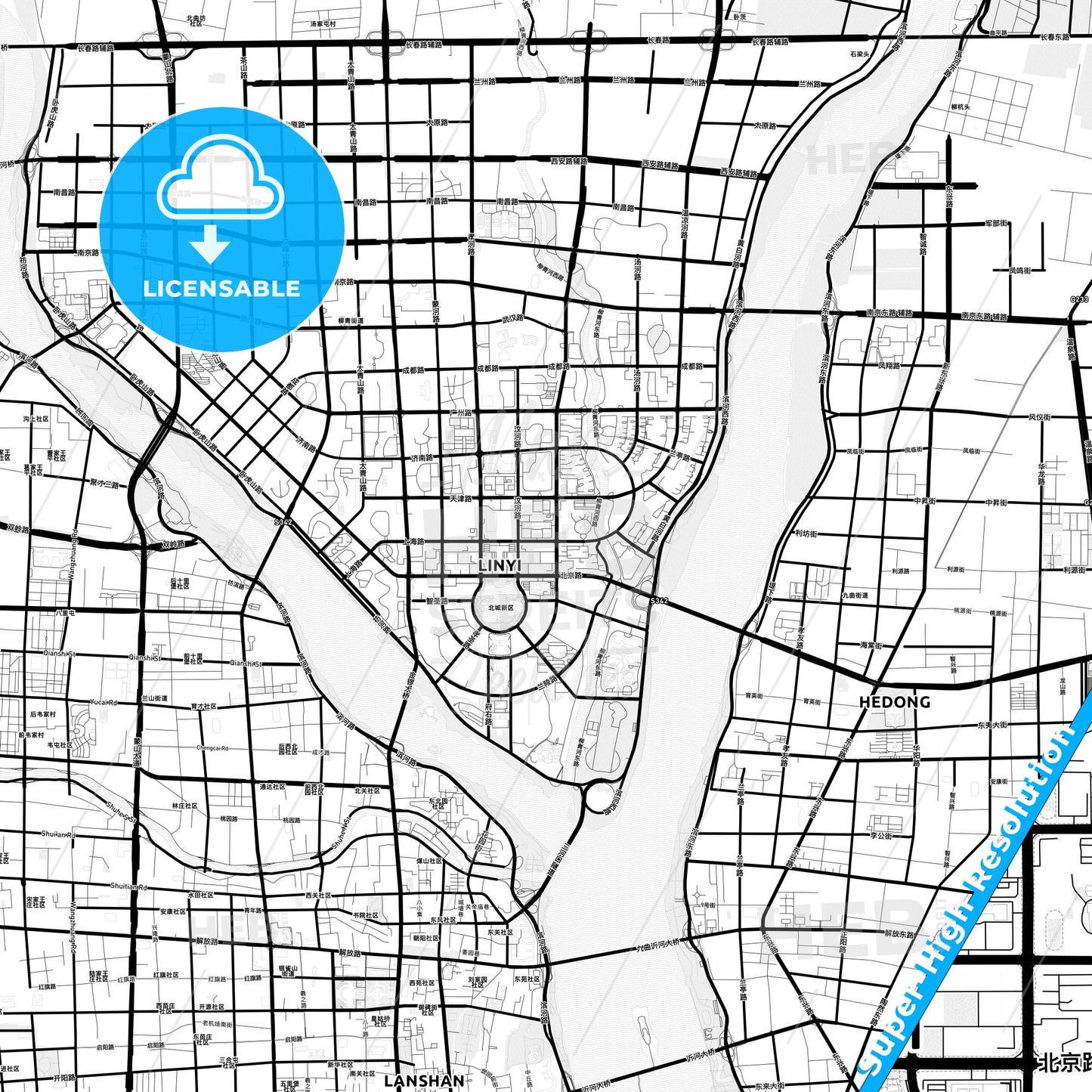 Linyi, China Light Map with Street Names, City Names, and Districts