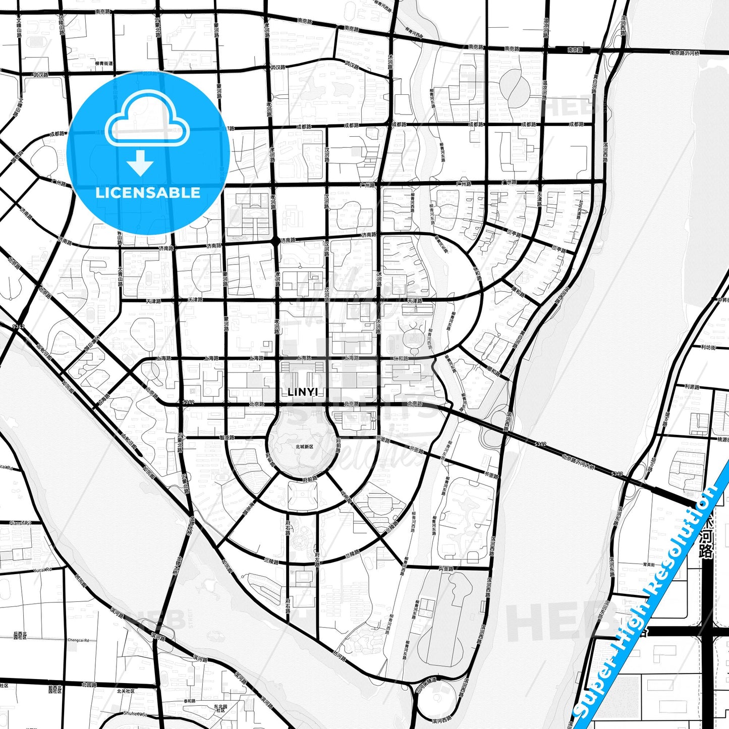 Linyi, China Light Map with Street Names, City Names, and Districts
