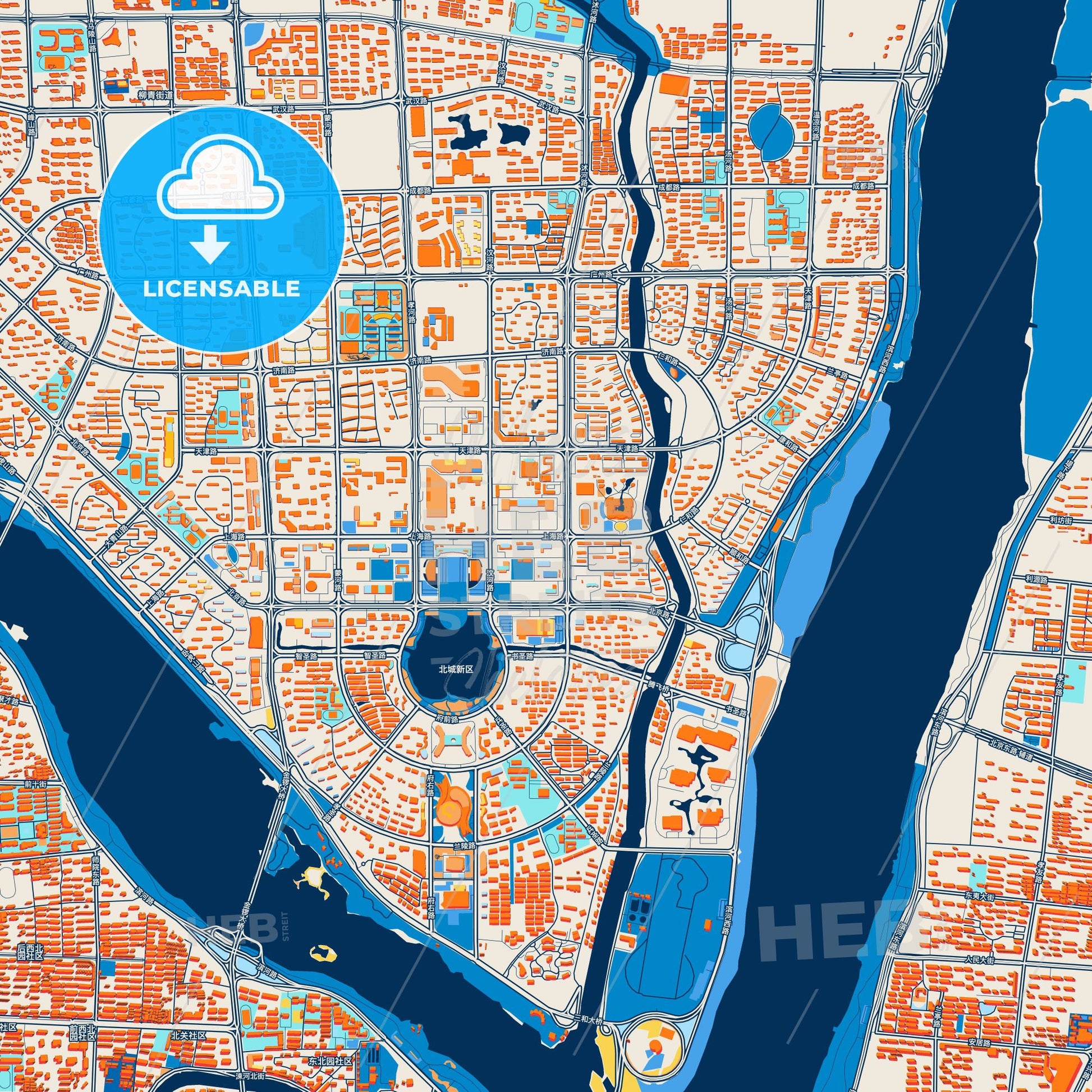 Colorful Linyi Street Map with Labels and Buildings
