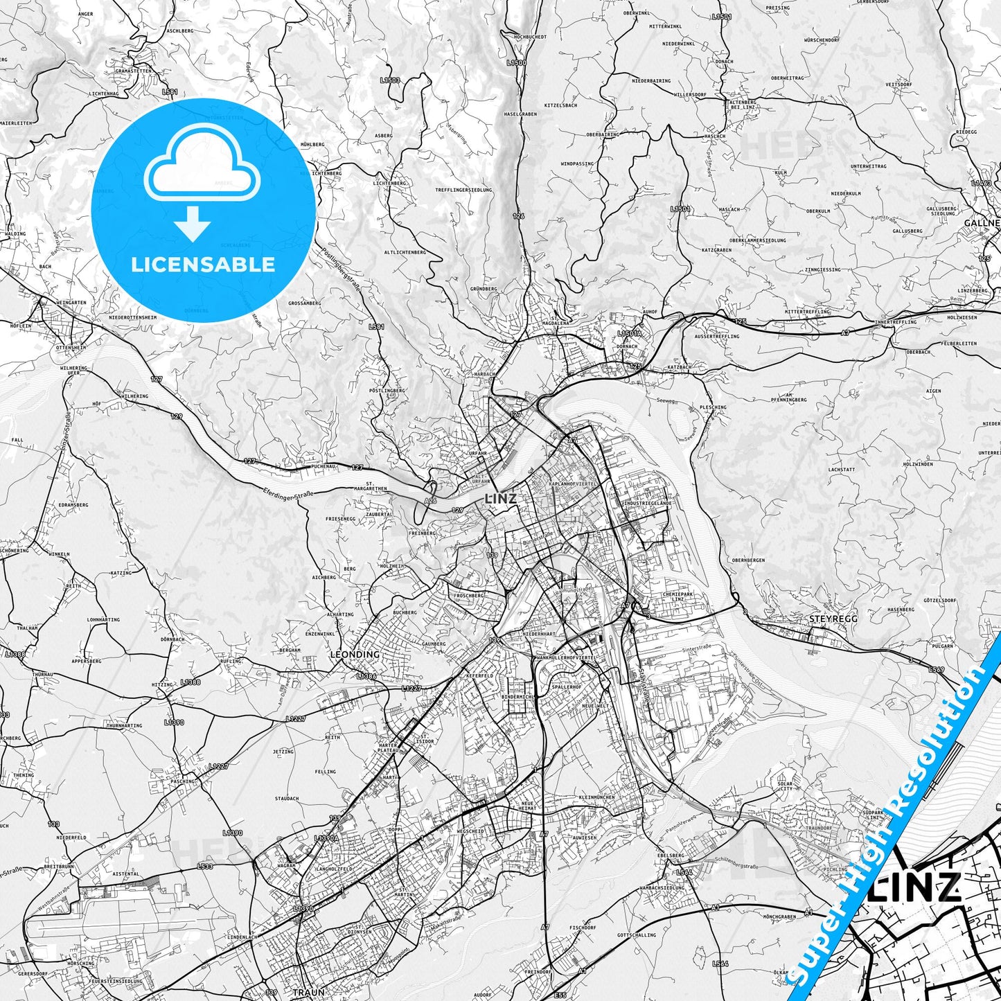Linz, Austria light map with streetnames, citynames and districts