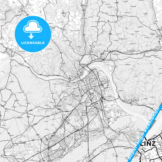 Linz, Austria light map with streetnames, citynames and districts