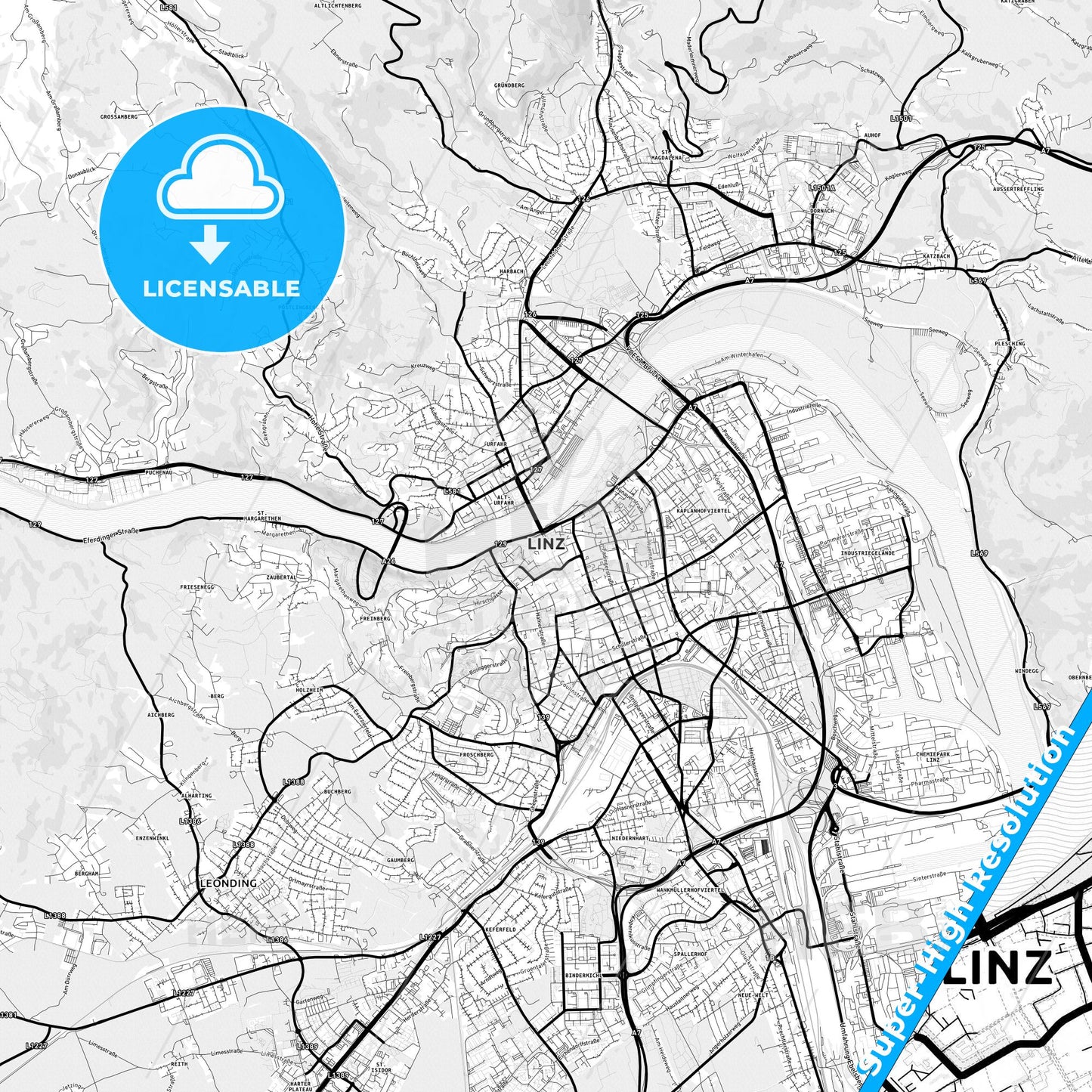 Linz, Austria Light Map with Street Names, City Names, and Districts
