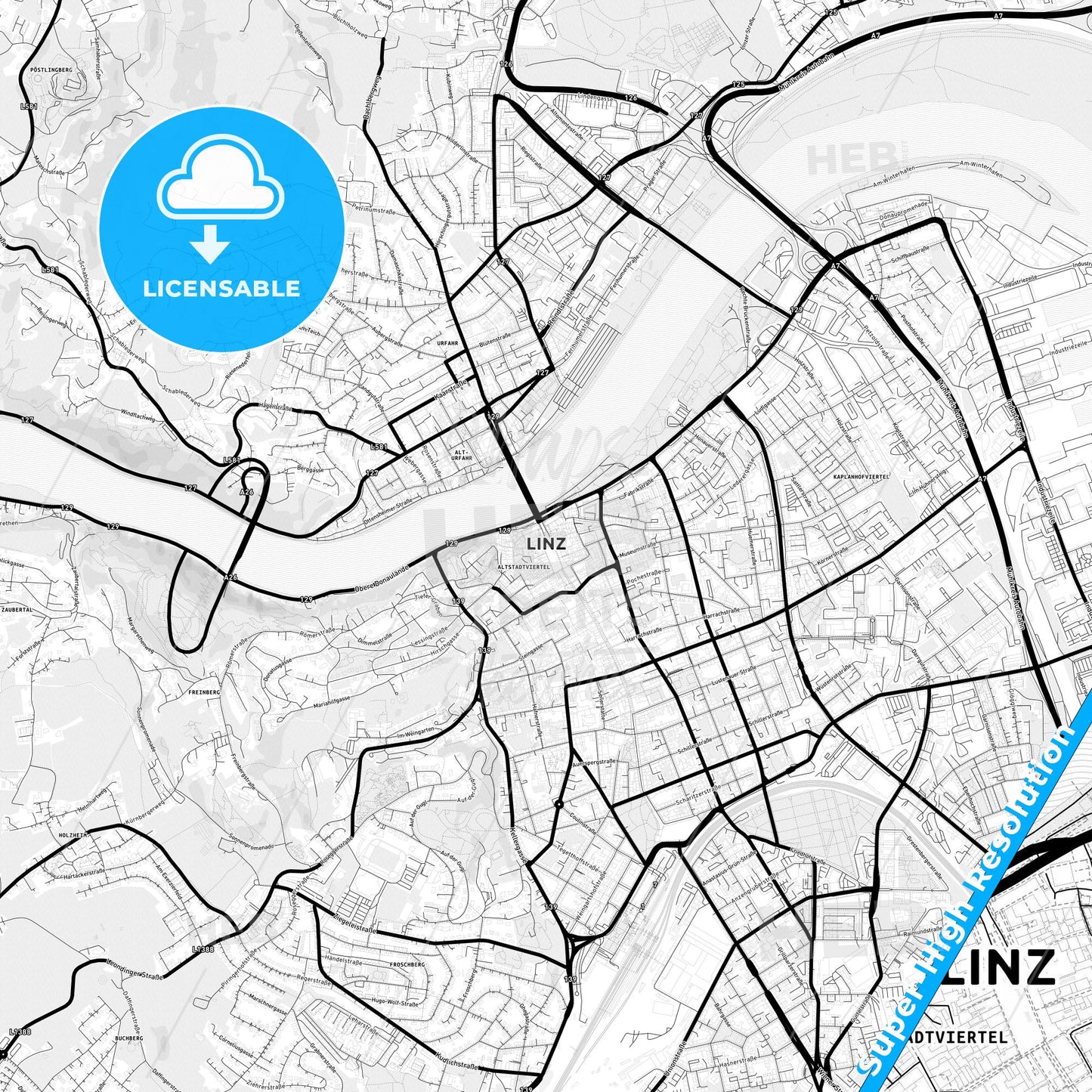 Linz, Austria Light Map with Street Names, City Names, and Districts