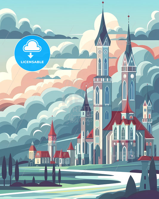 Nostalgic Austria Travel Poster: Minimalist Retro Skyline, Castle, Lake, Vintage Artwork, Painting, Artistic