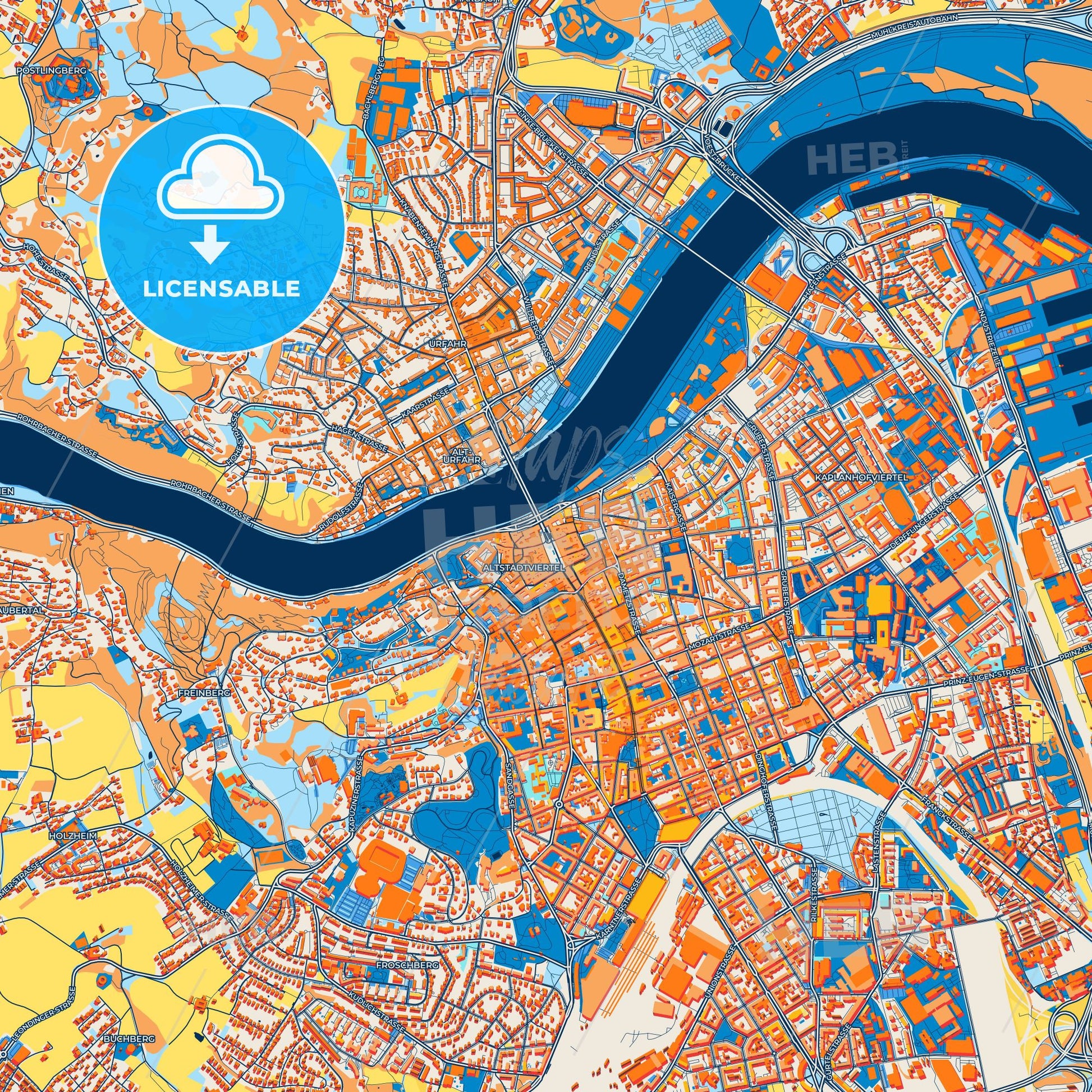 Colorful Linz Street Map with Labels and Buildings