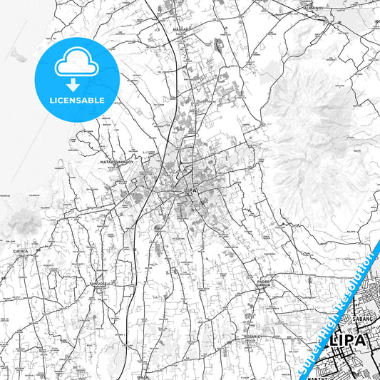 Lipa, Philippines light map with streetnames, citynames and districts