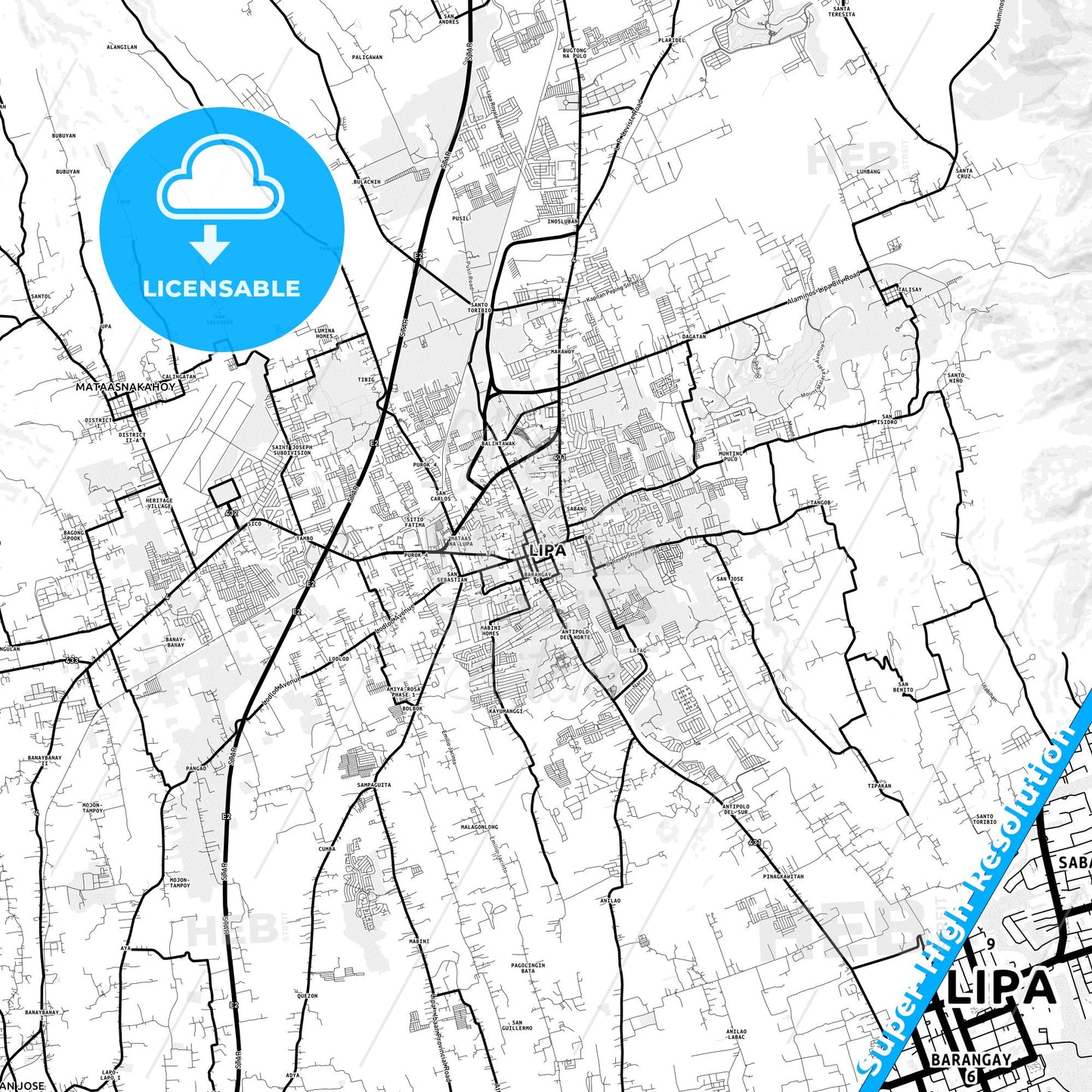 Lipa, Philippines Light Map with Street Names, City Names, and Districts