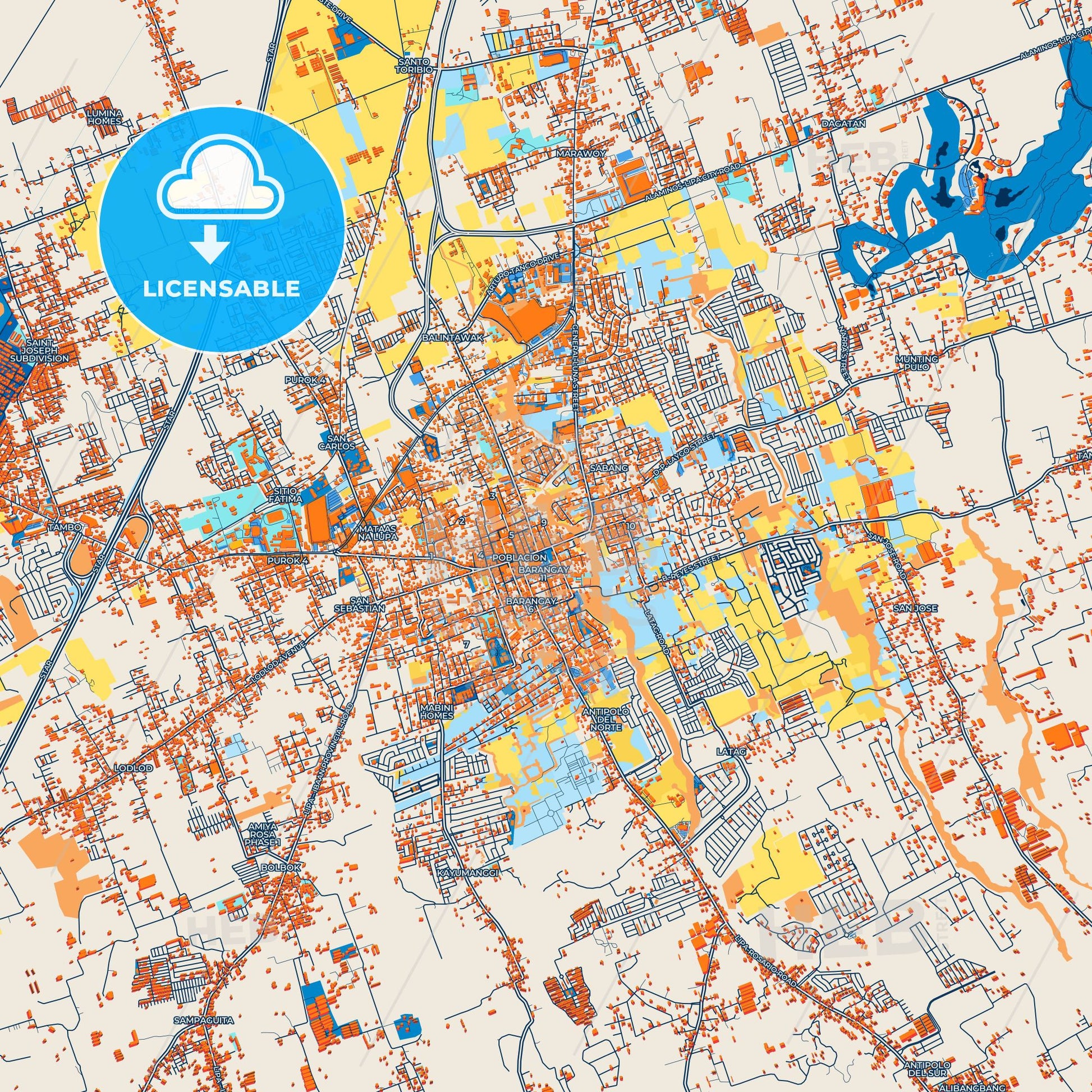 Colorful Lipa Street Map with Labels and Buildings