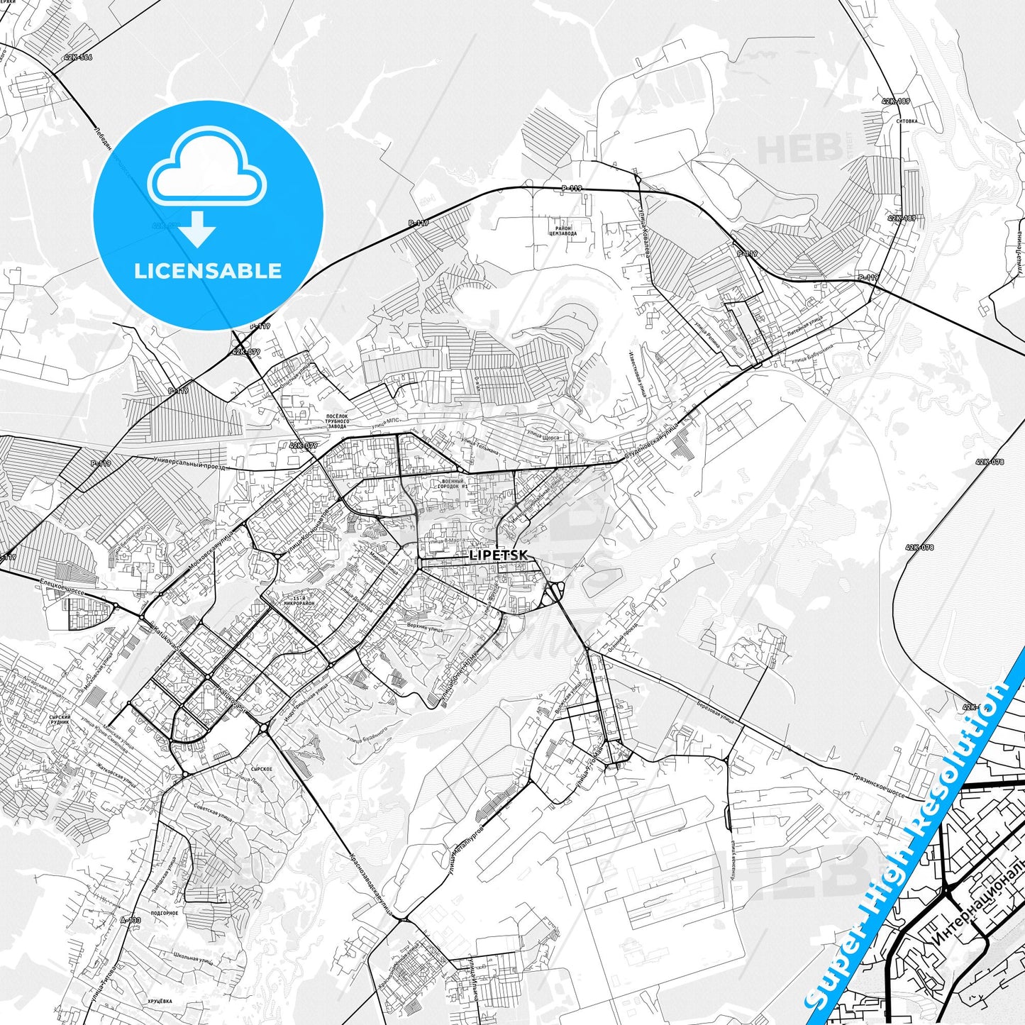 Lipetsk, Russia light map with streetnames, citynames and districts