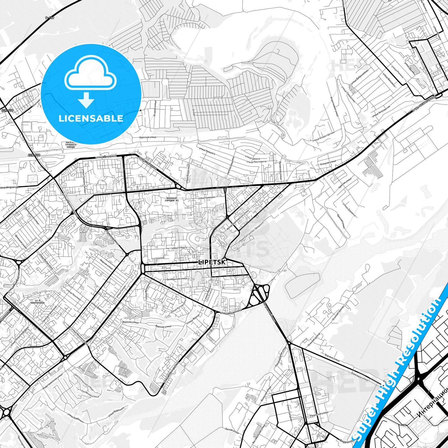 Lipetsk, Russia Light Map with Street Names, City Names, and Districts