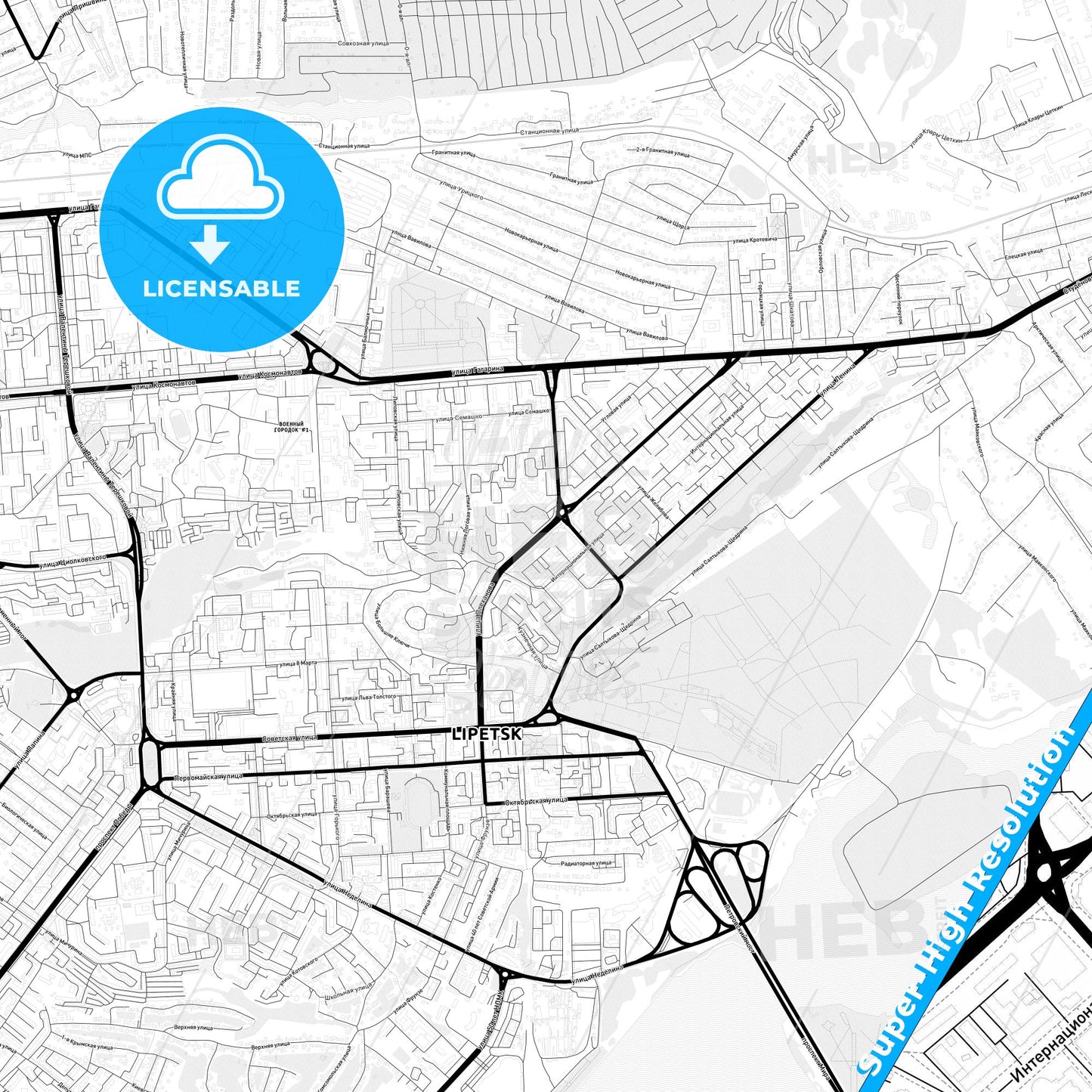 Lipetsk, Russia Light Map with Street Names, City Names, and Districts