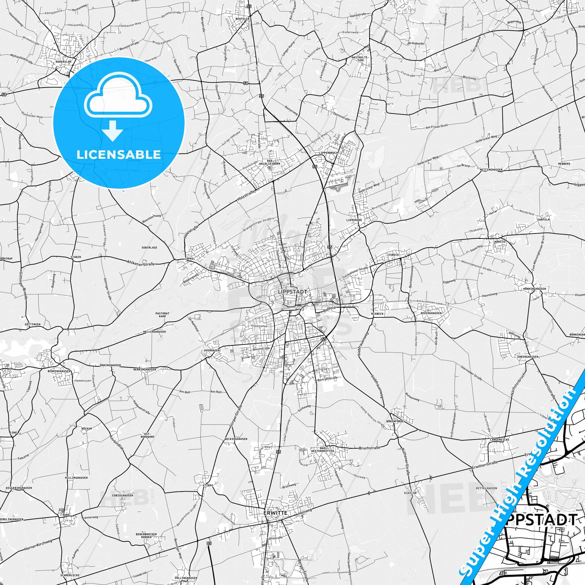 Lippstadt, Germany light map with streetnames, citynames and districts