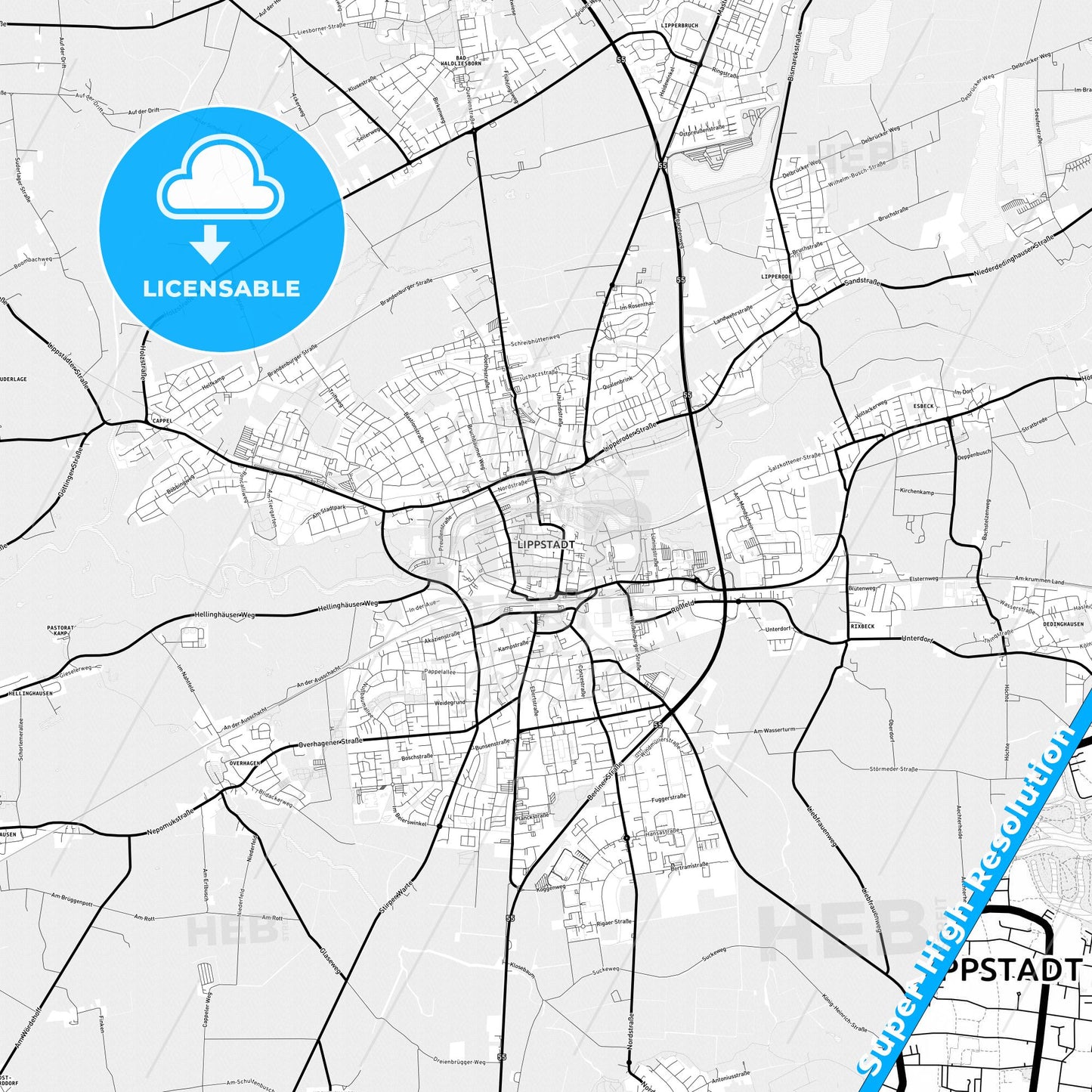 Lippstadt, Germany Light Map with Street Names, City Names, and Districts