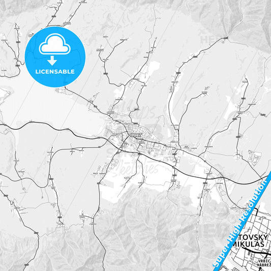 Liptovský Mikuláš, Slovakia light map with streetnames, citynames and districts