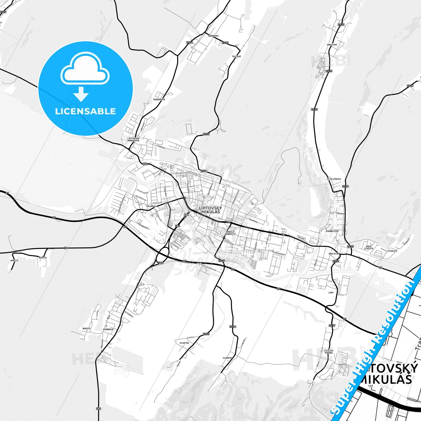 Liptovský Mikuláš, Slovakia Light Map with Street Names, City Names, and Districts