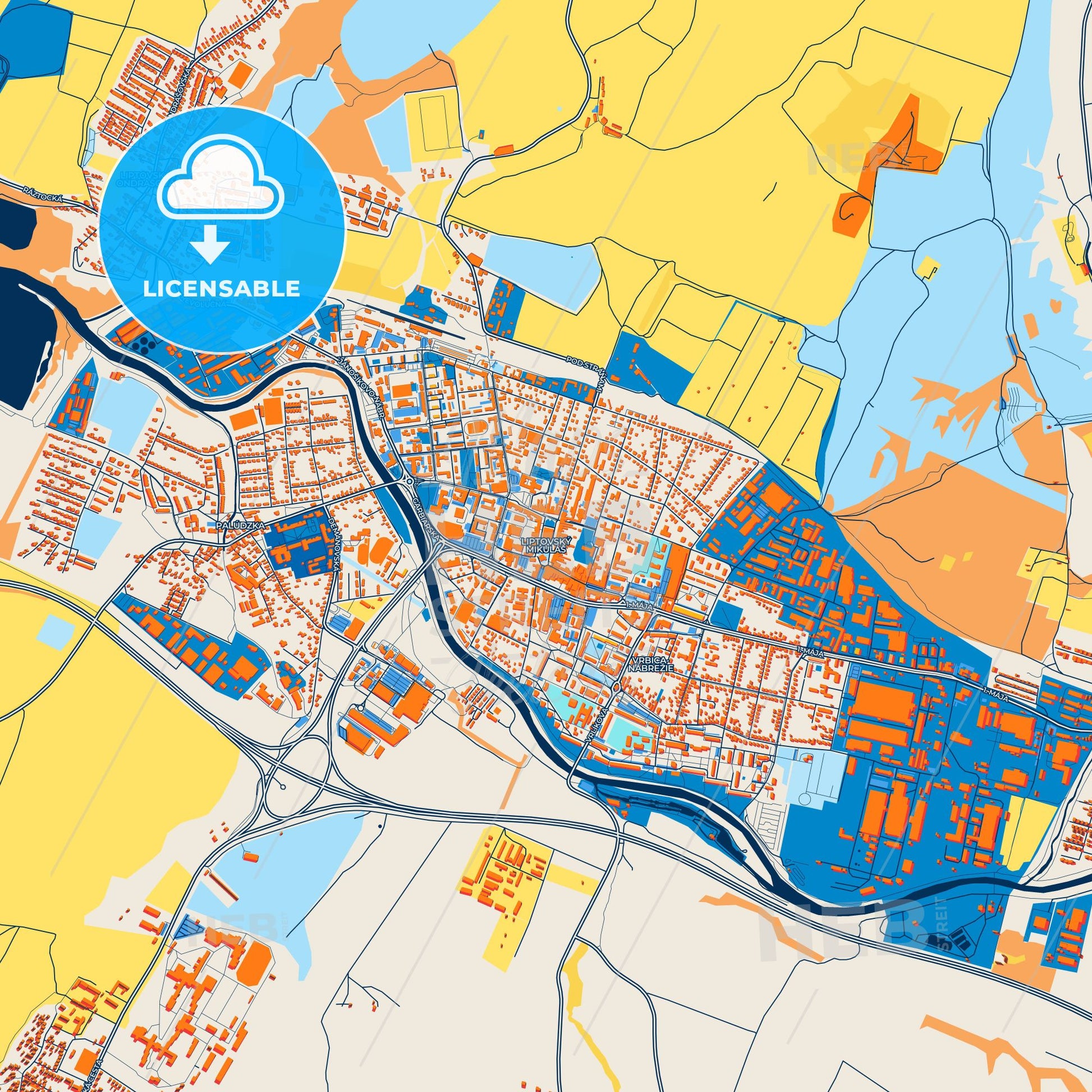 Colorful Liptovský Mikuláš Street Map with Labels and Buildings