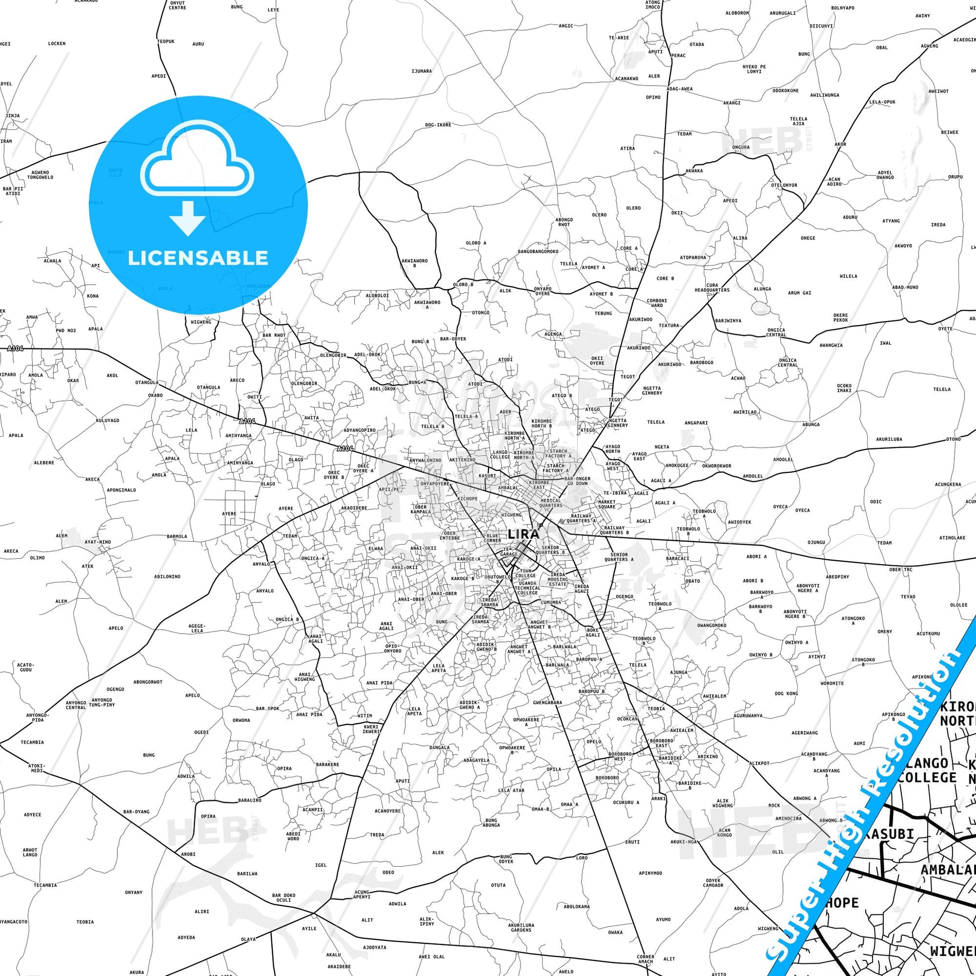 Lira, Uganda light map with streetnames, citynames and districts