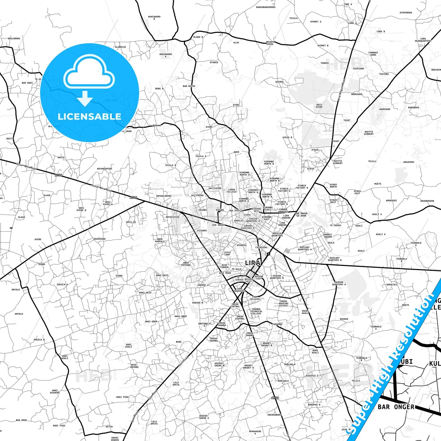 Lira, Uganda Light Map with Street Names, City Names, and Districts