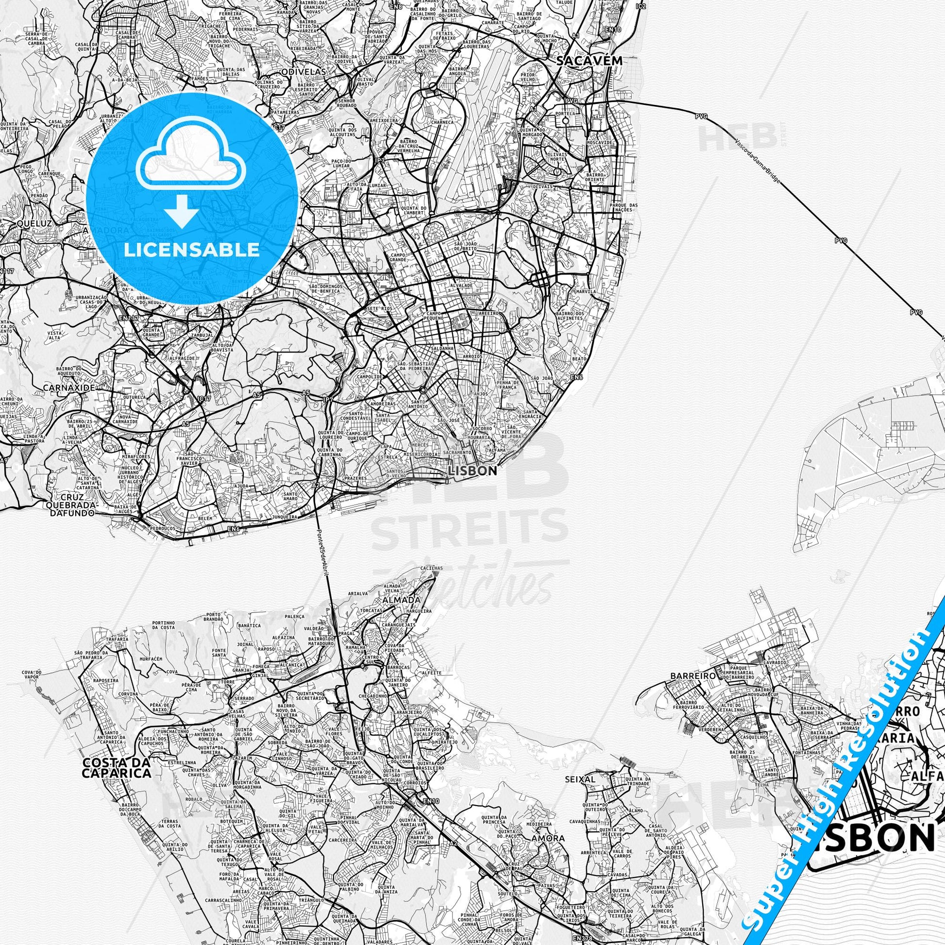 Lisbon, Portugal light map with streetnames, citynames and districts
