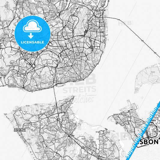 Lisbon, Portugal light map with streetnames, citynames and districts