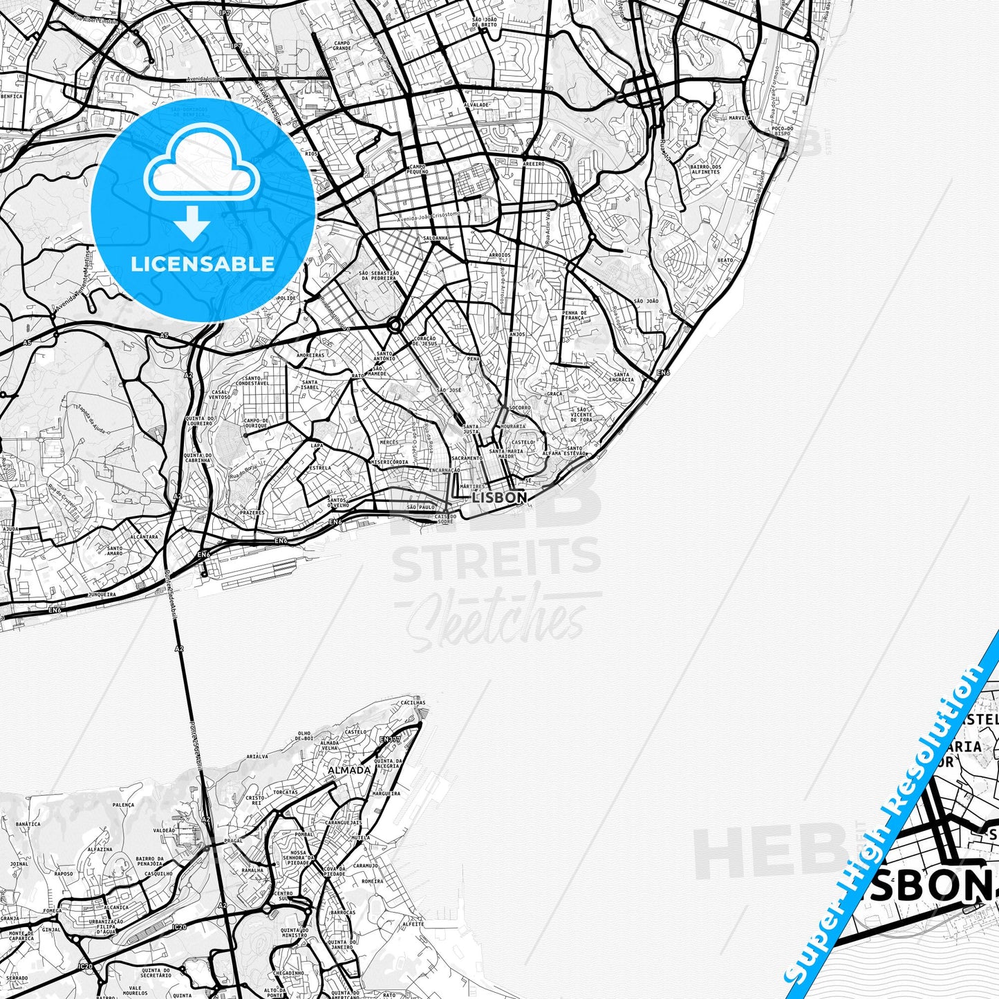 Lisbon, Portugal Light Map with Street Names, City Names, and Districts