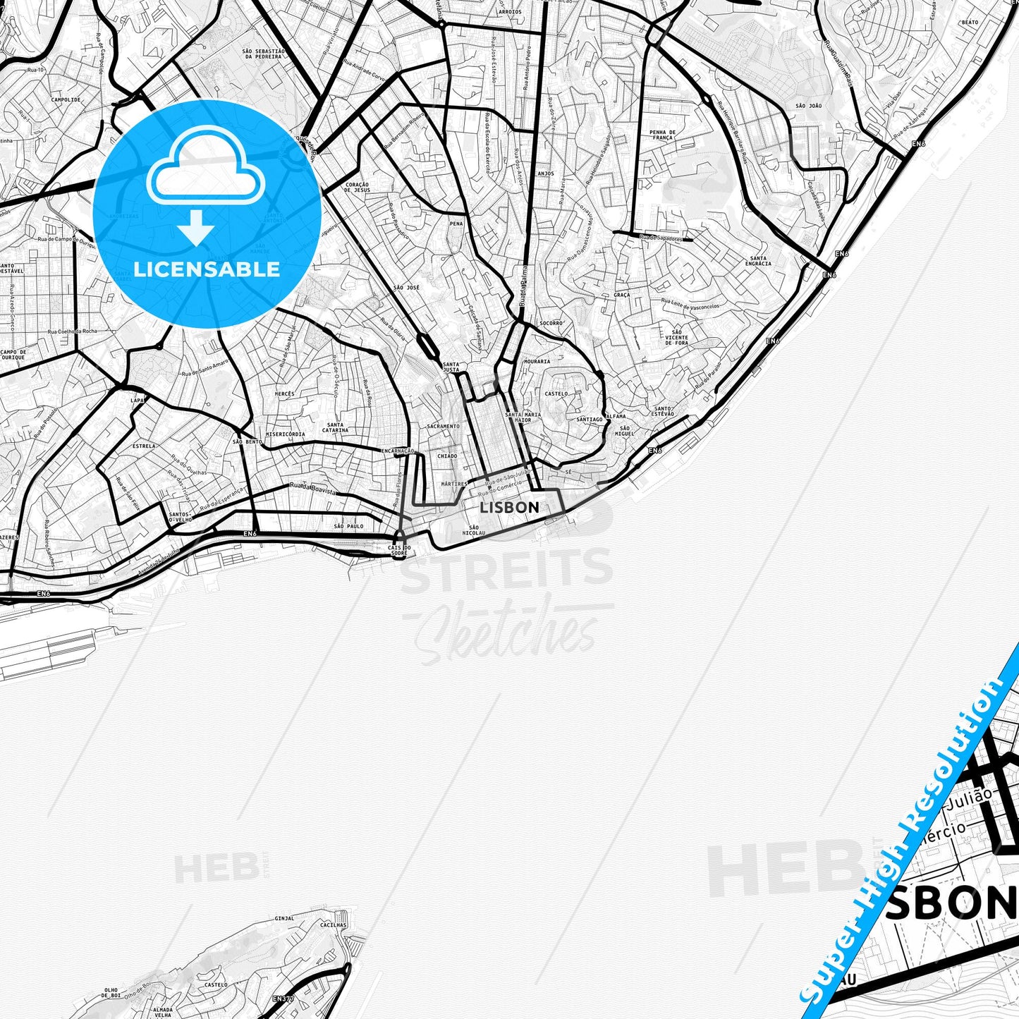 Lisbon, Portugal Light Map with Street Names, City Names, and Districts