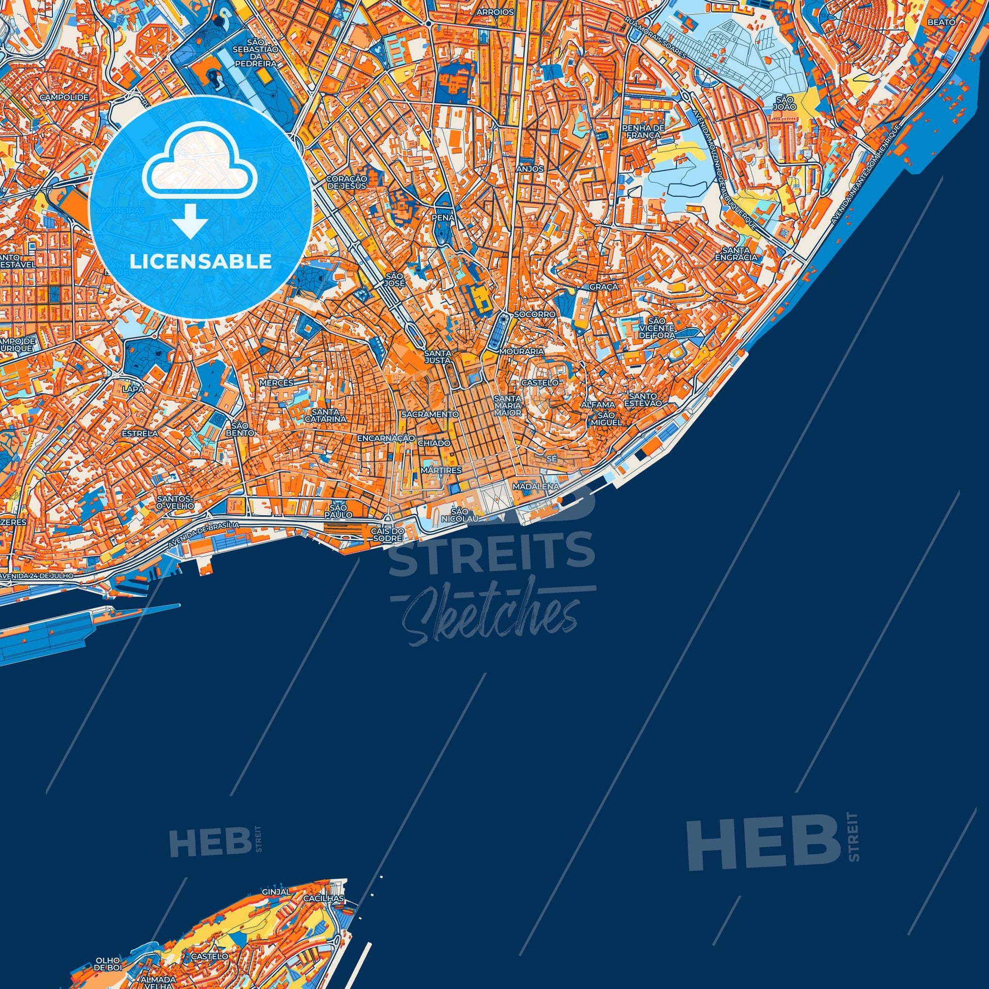 Colorful Lisbon Street Map with Labels and Buildings