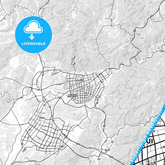 Lishui, China light map with streetnames, citynames and districts