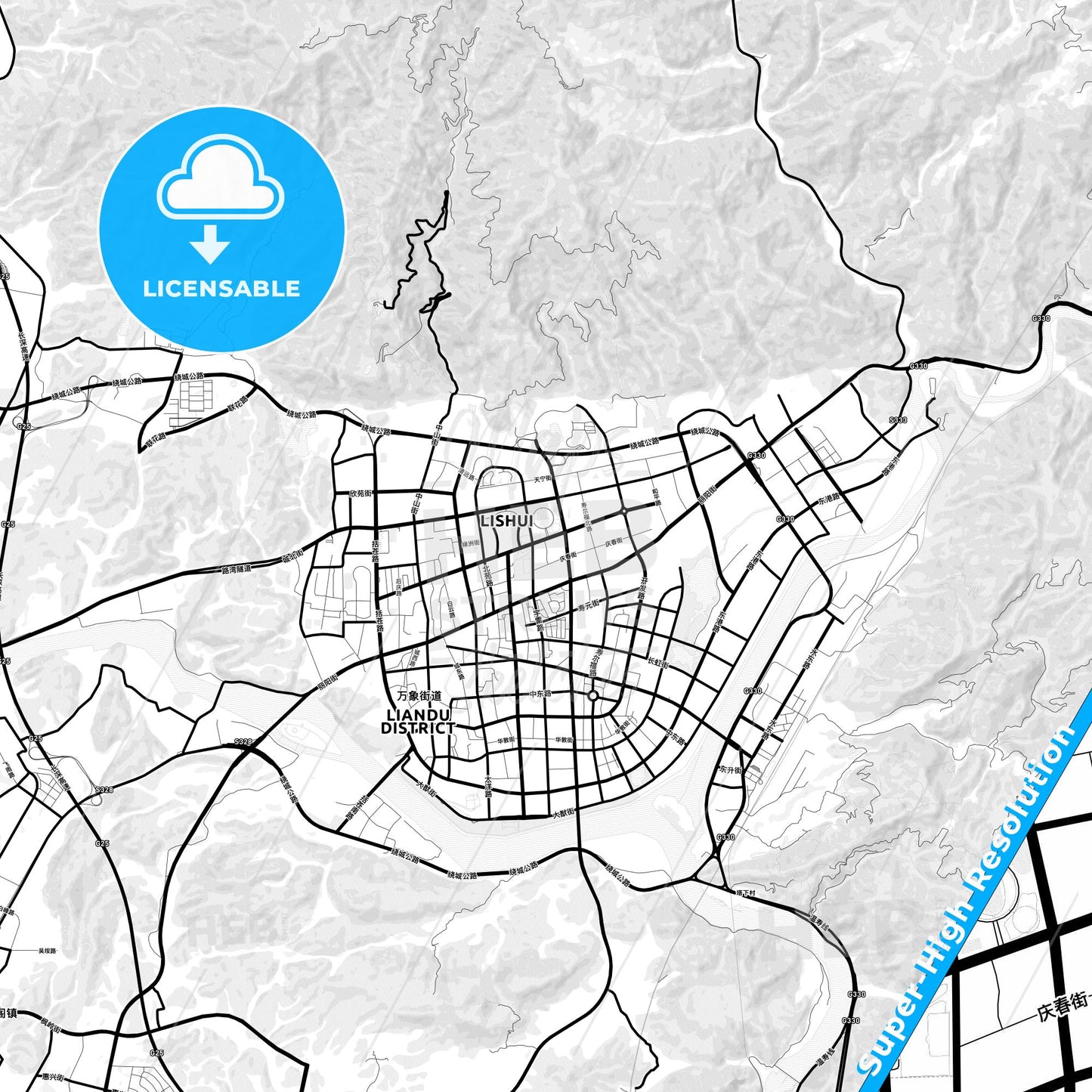 Lishui, China Light Map with Street Names, City Names, and Districts