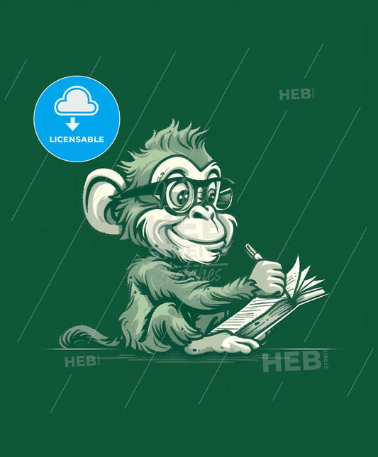 Little Ape T-Shirt Logo: Cartoon Monkey in Glasses Writing on Book, Gadgetpunk, Future Tech, Animated Gifs, Creepypasta, Text-Based, Green Background, Art Focus, New York School, Chromatic