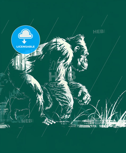 Animated GIF of a Green-Toned Gorilla Walking Through Grass with Chrome Tech Style and New York School Aesthetics