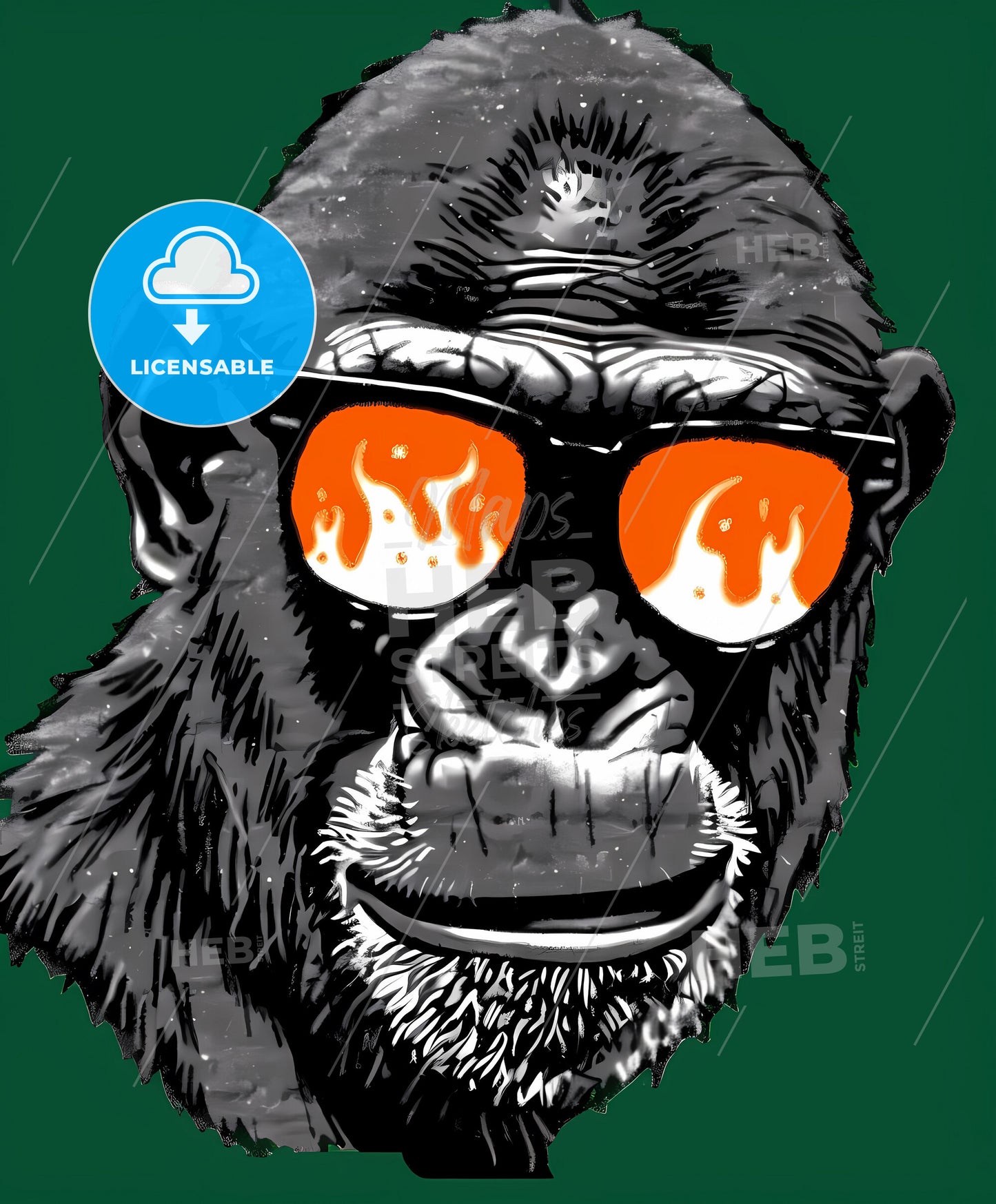 Ape T-Shirt Logo: Animated Chromatic Gorilla in Sunglasses with Flames in Gadgetpunk Style on Green Background