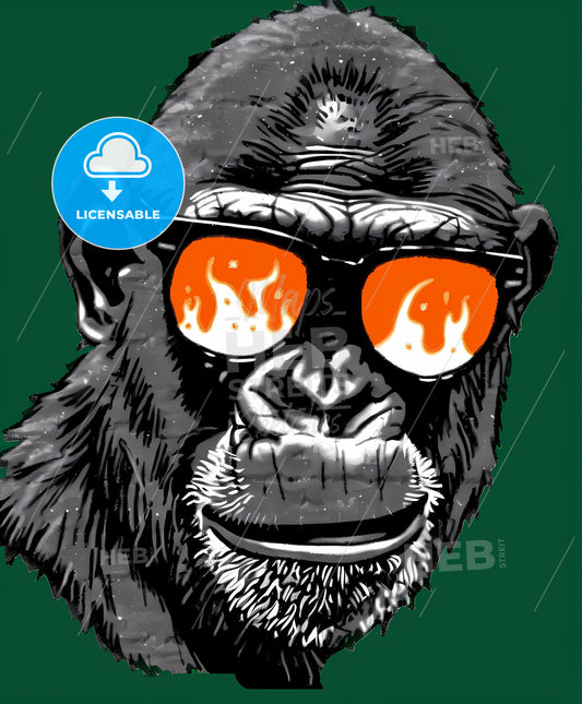 Ape T-Shirt Logo: Animated Chromatic Gorilla in Sunglasses with Flames in Gadgetpunk Style on Green Background