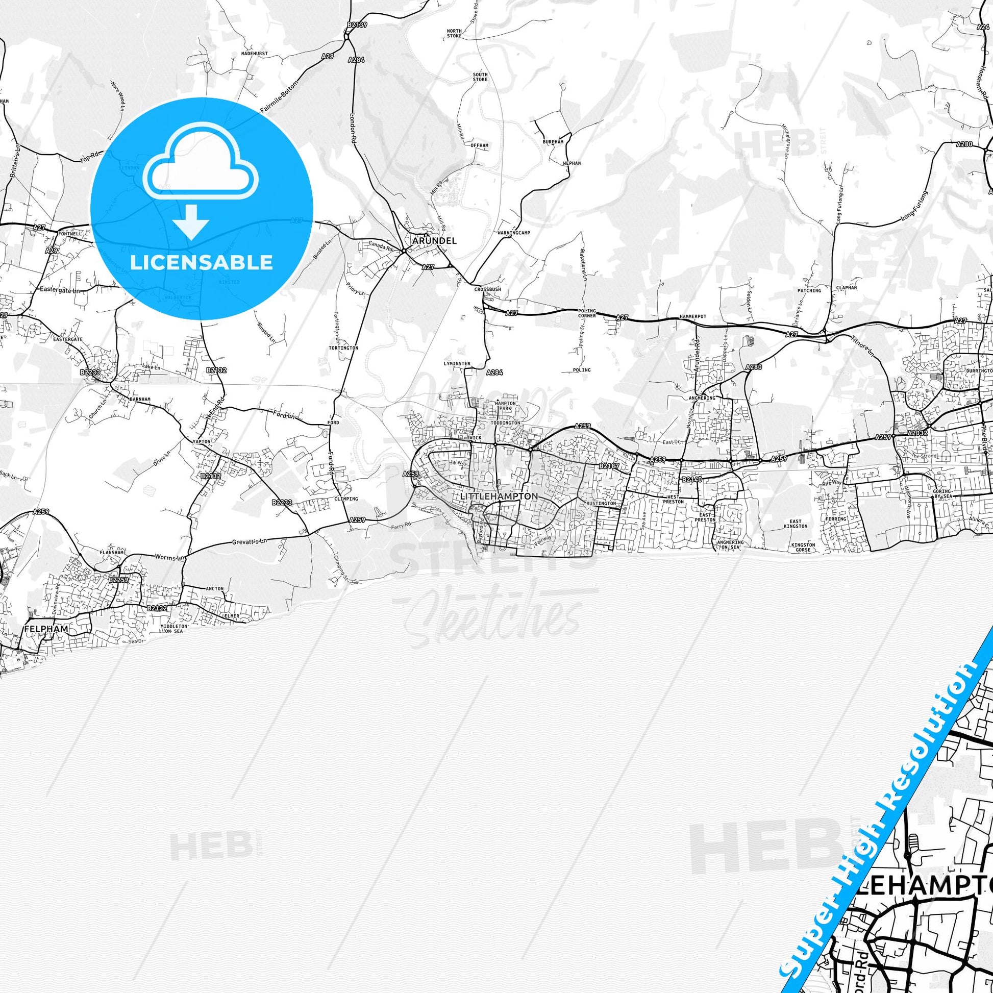 Littlehampton, England light map with streetnames, citynames and districts