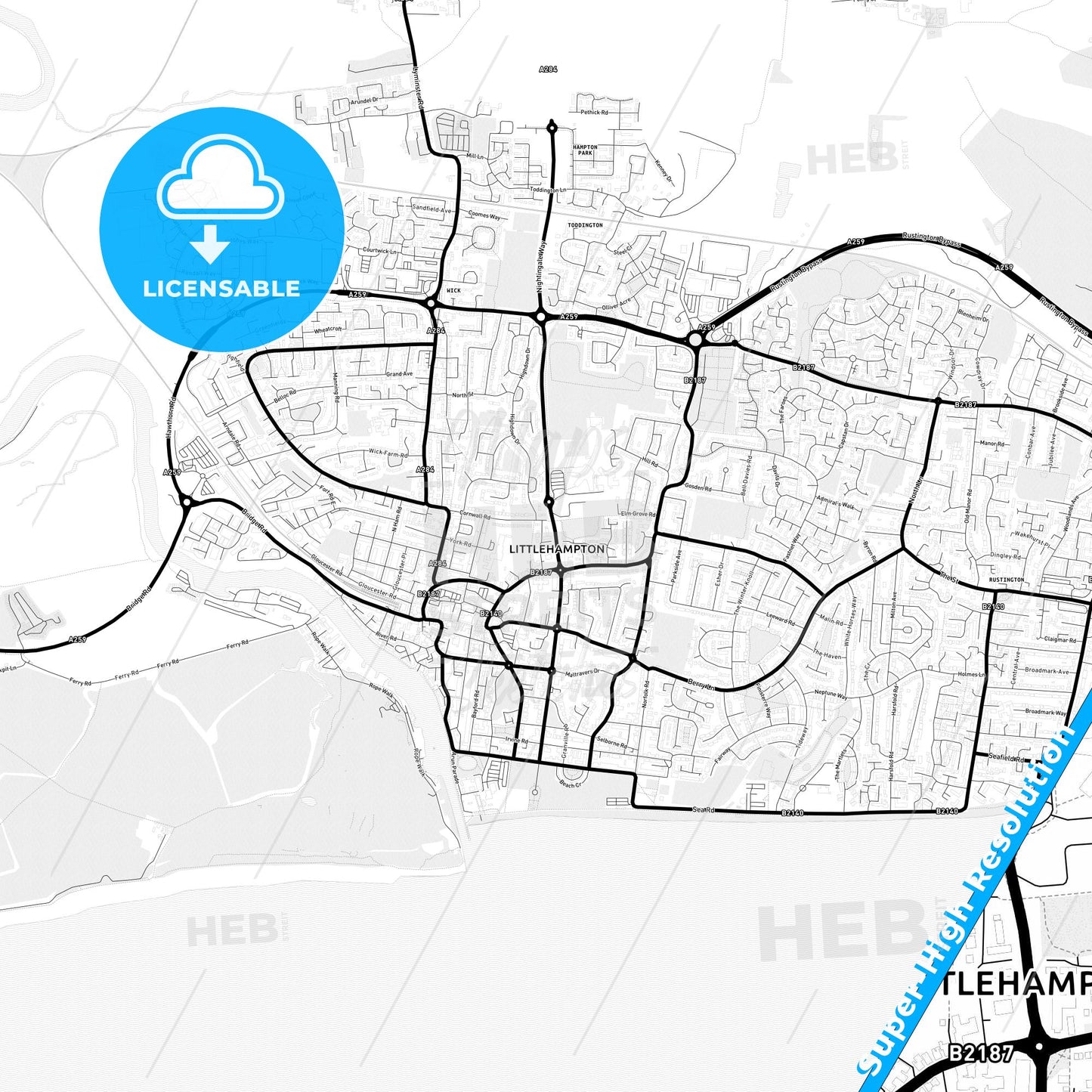 Littlehampton, England Light Map with Street Names, City Names, and Districts