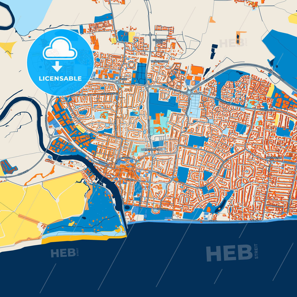 Colorful Littlehampton Street Map with Labels and Buildings