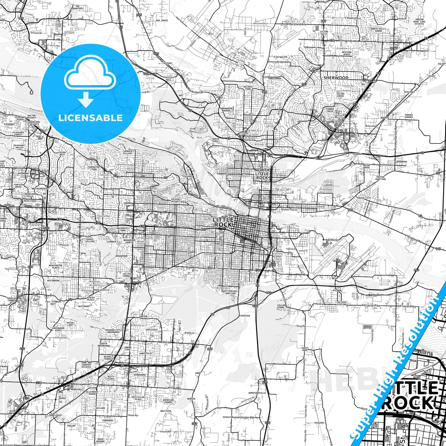 Little Rock, Arkansas light map with streetnames, citynames and districts