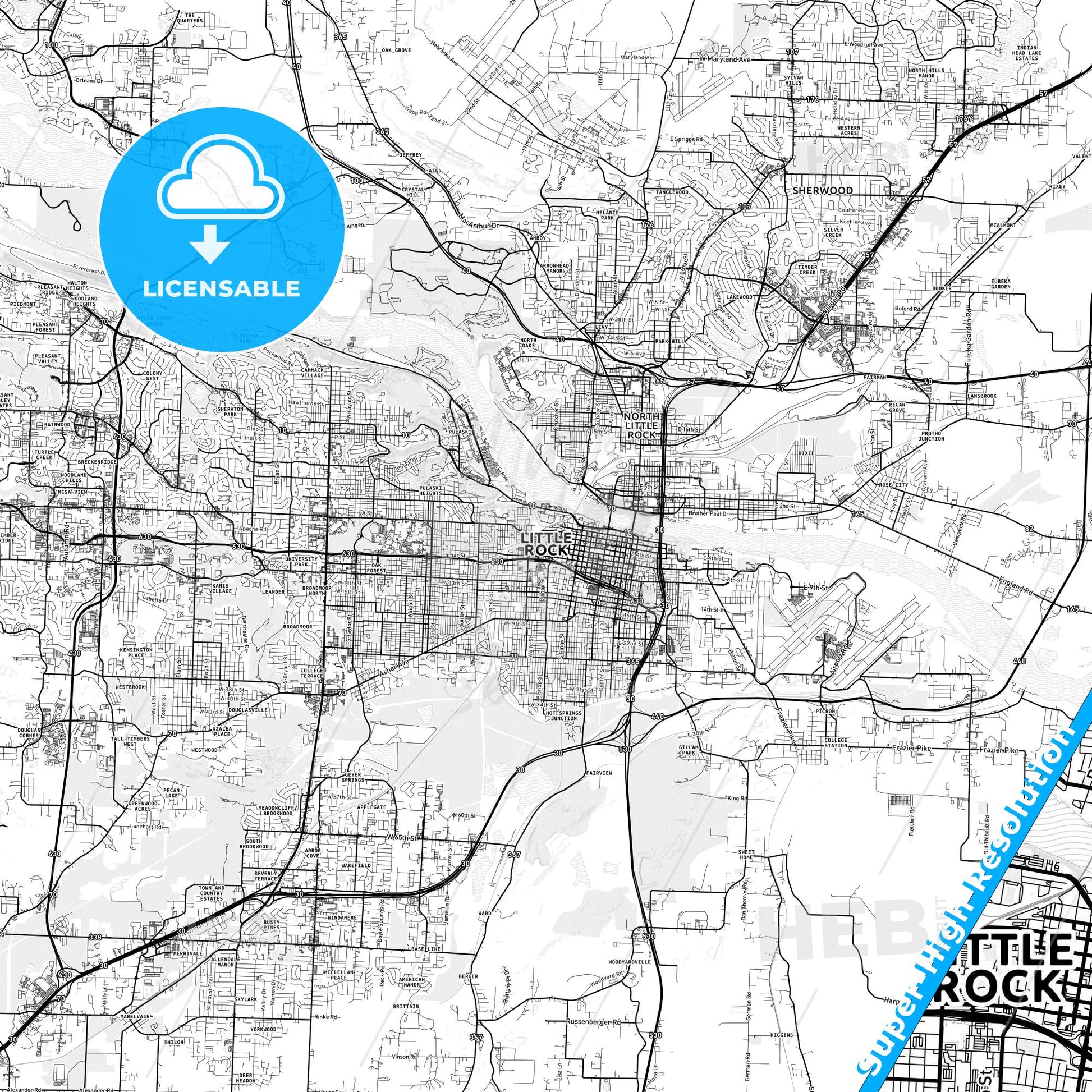 Little Rock, Arkansas light map with streetnames, citynames and districts