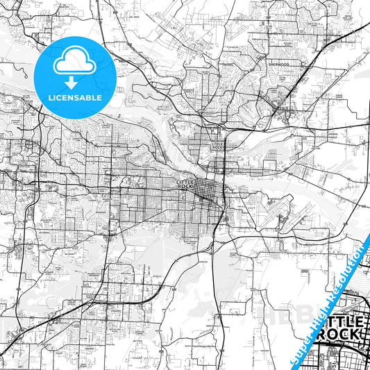 Little Rock, Arkansas light map with streetnames, citynames and districts
