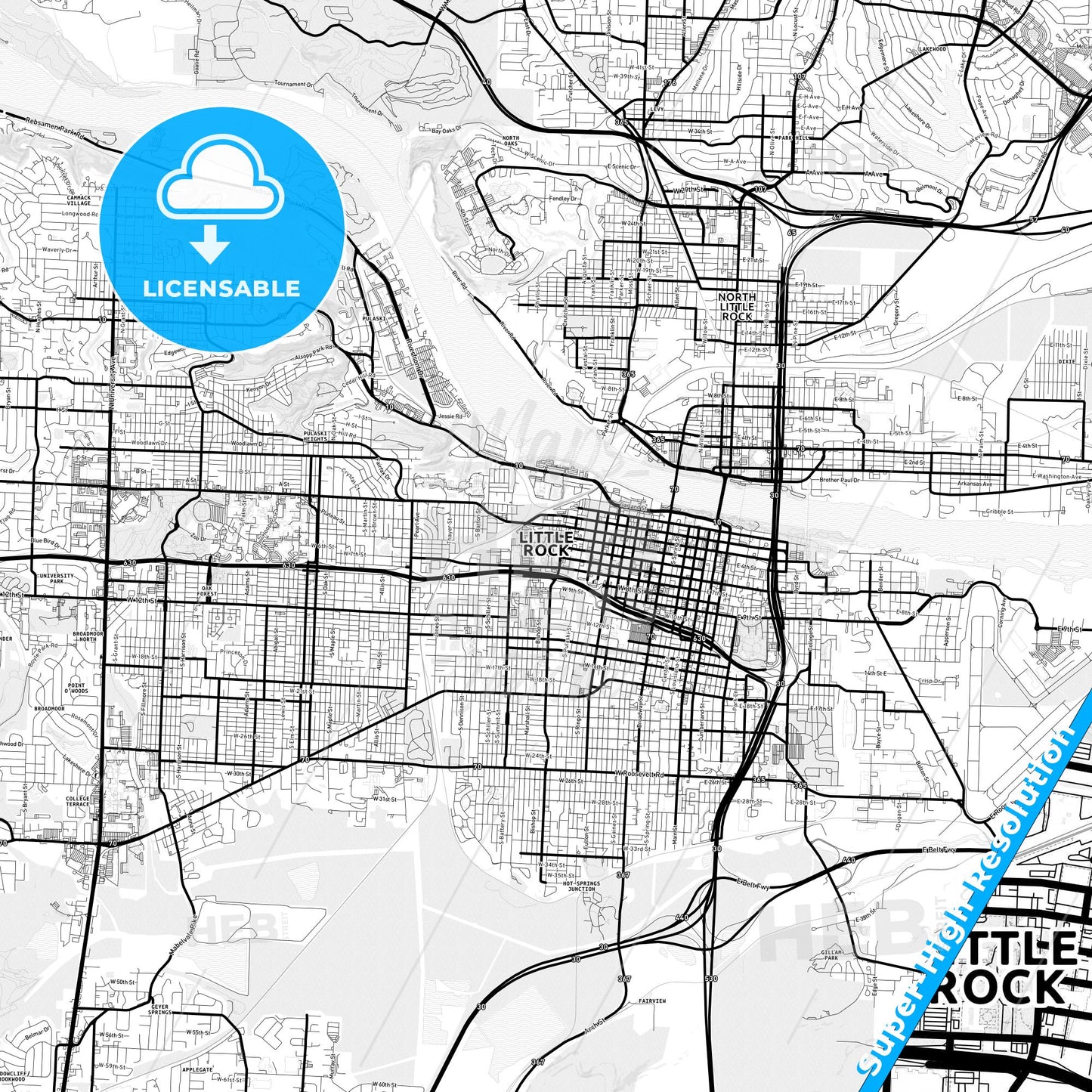 Little Rock, Arkansas Light Map with Street Names, City Names, and Districts
