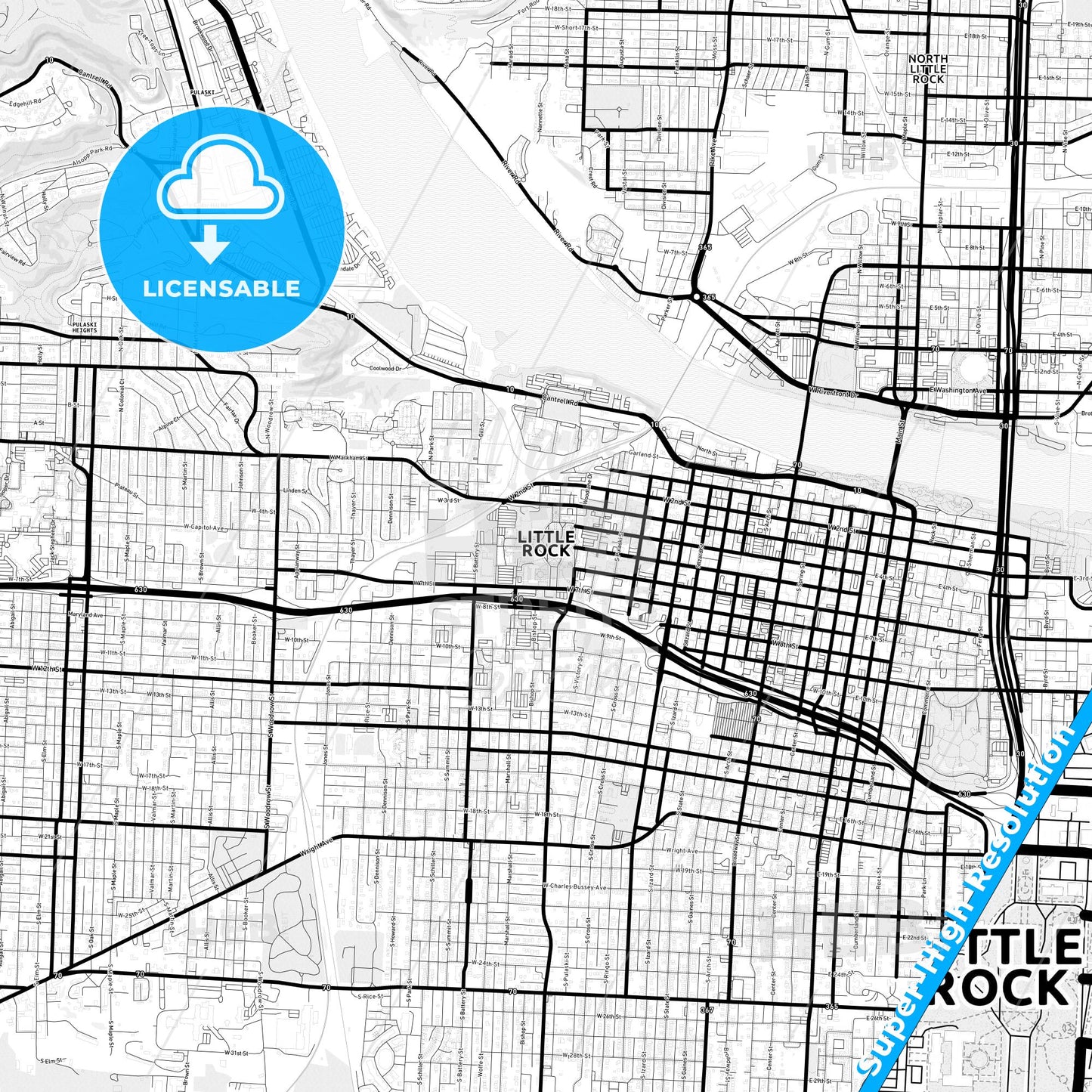 Little Rock, Arkansas Light Map with Street Names, City Names, and Districts