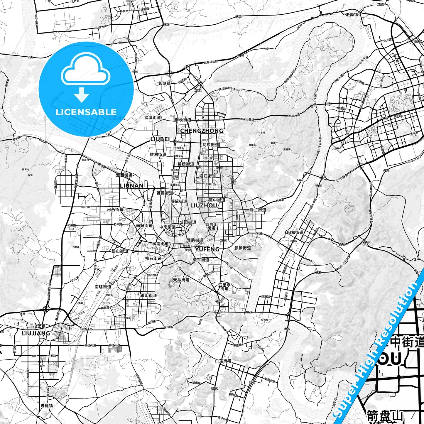 Liuzhou, China light map with streetnames, citynames and districts