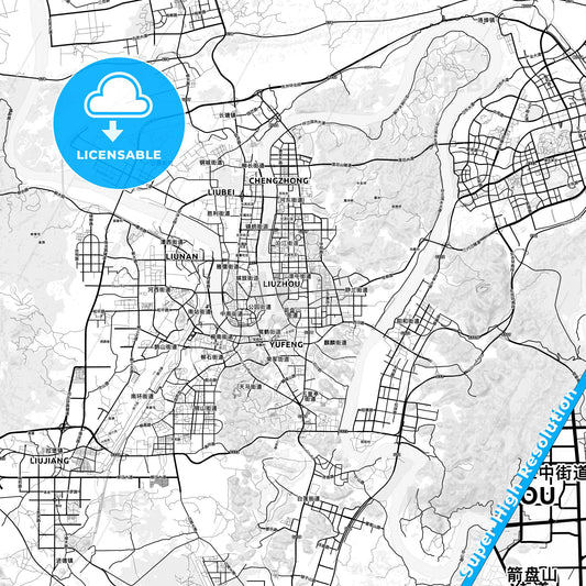 Liuzhou, China light map with streetnames, citynames and districts