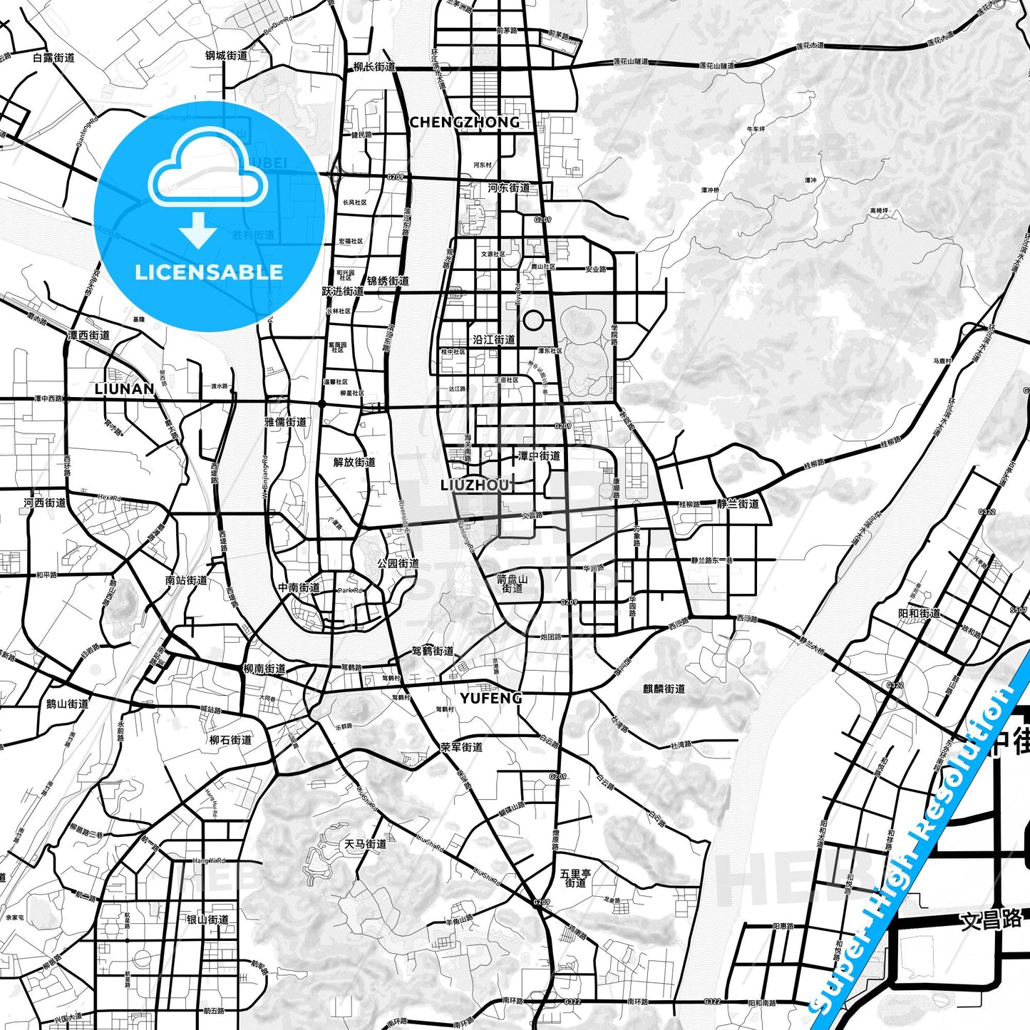 Liuzhou, China Light Map with Street Names, City Names, and Districts