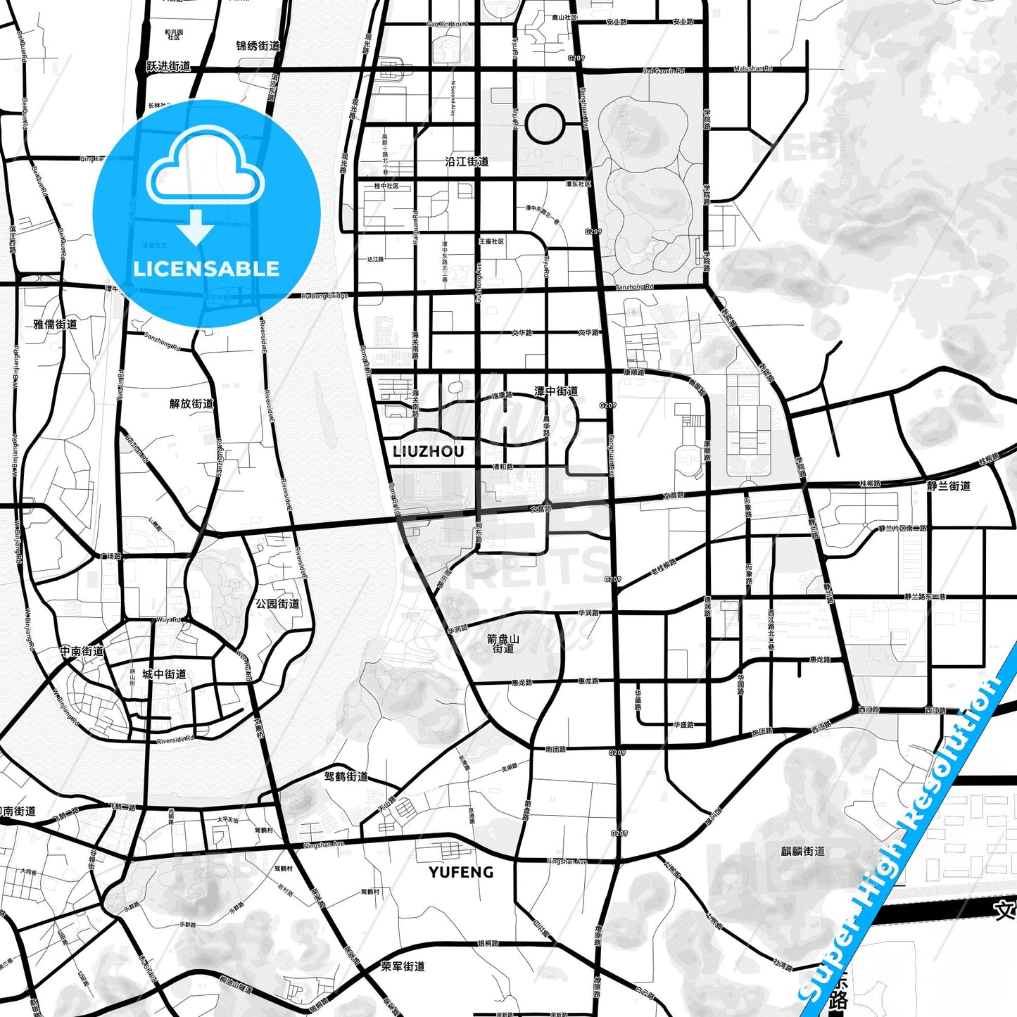 Liuzhou, China Light Map with Street Names, City Names, and Districts