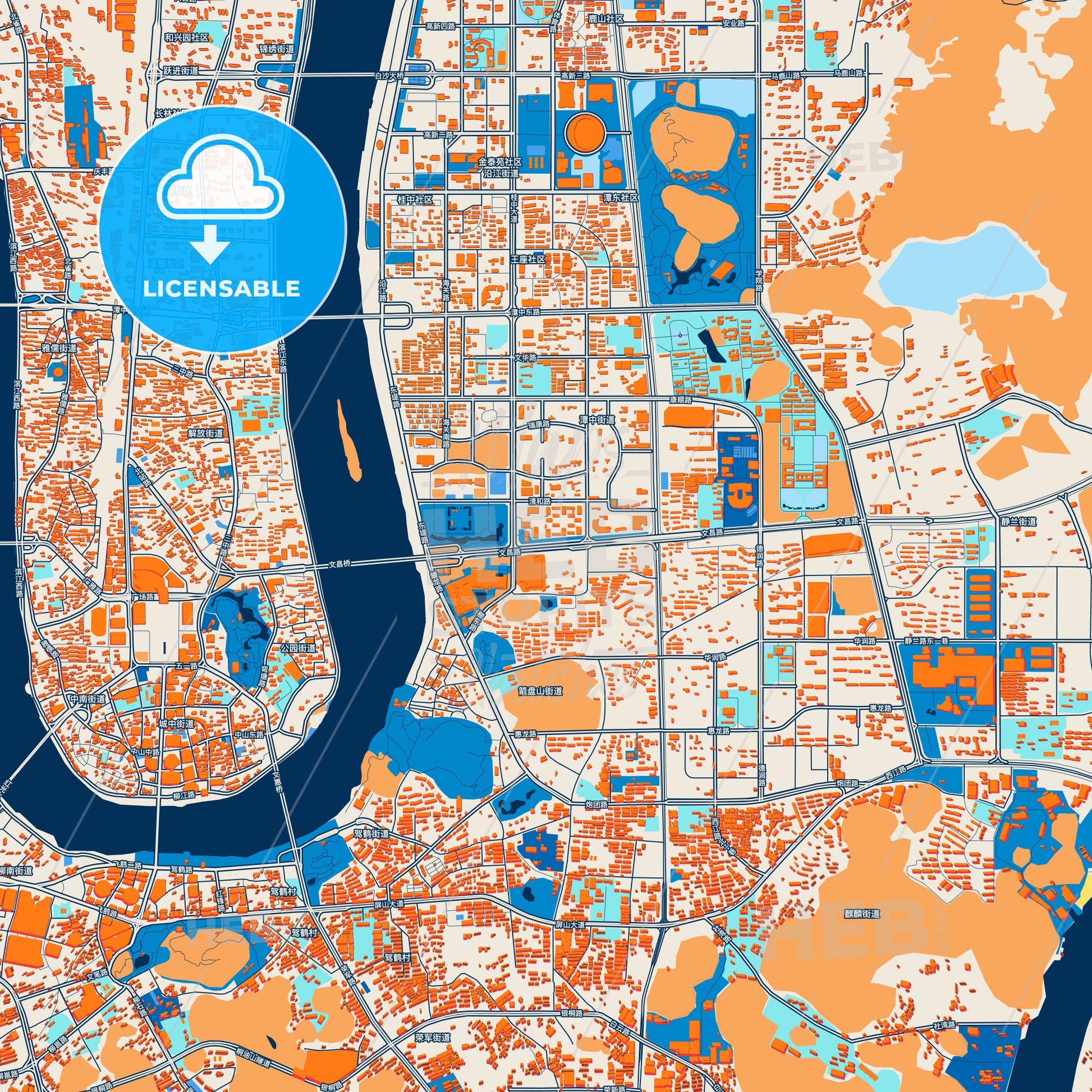 Colorful Liuzhou Street Map with Labels and Buildings