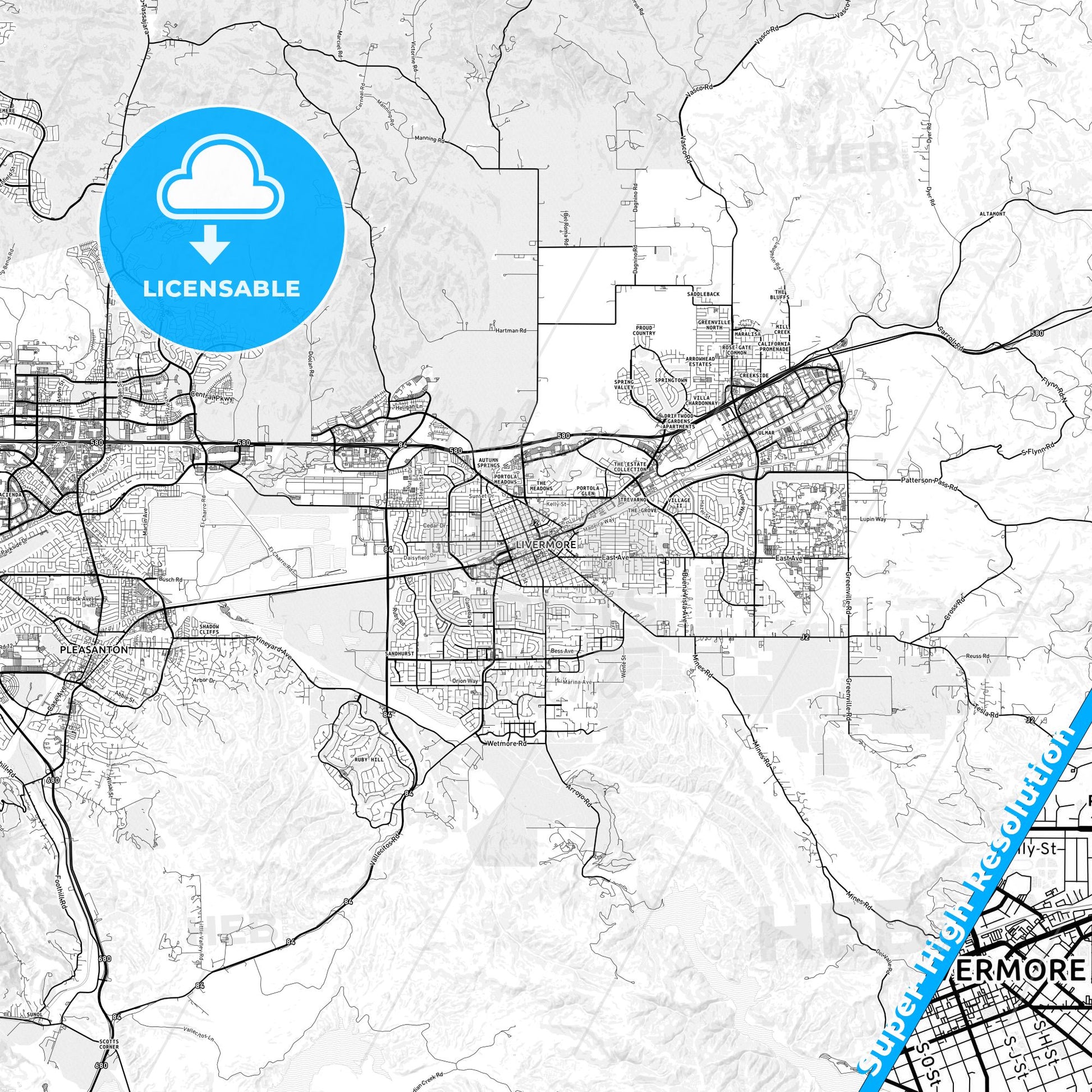 Livermore, California light map with streetnames, citynames and districts